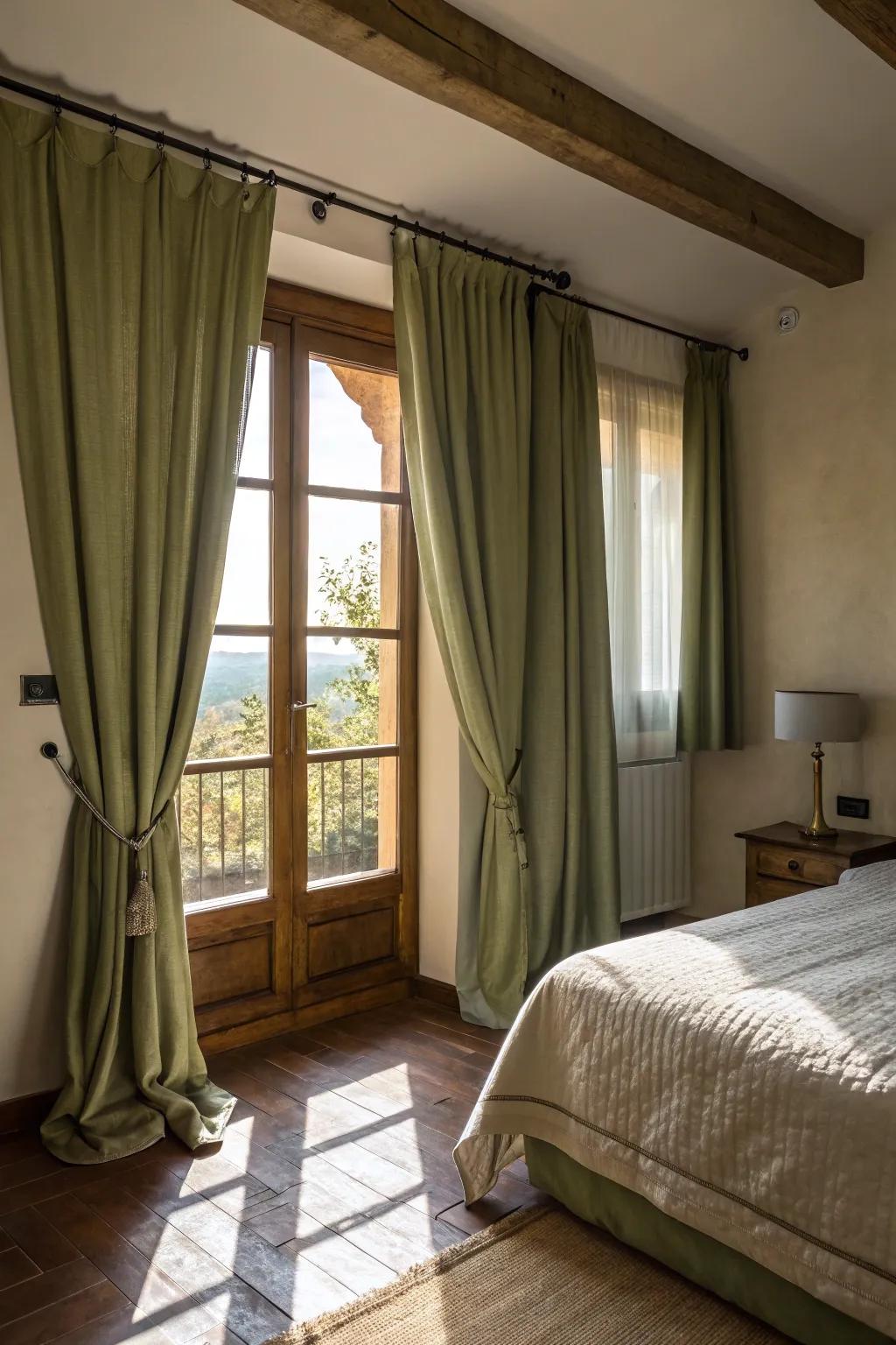 Olive green curtains add elegance and warmth to the bedroom.