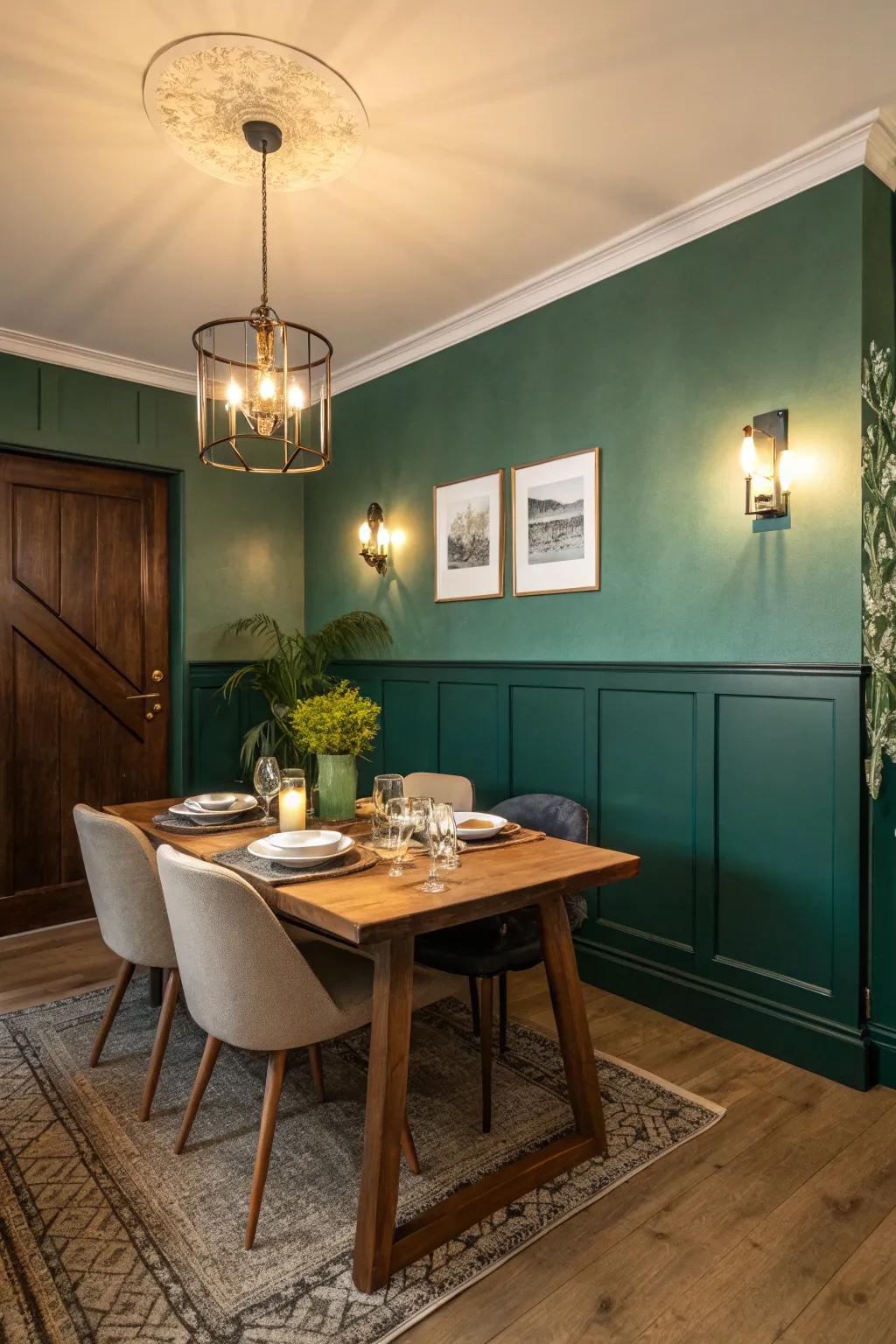 Set the stage for memorable meals with a dramatic green ombre wall.