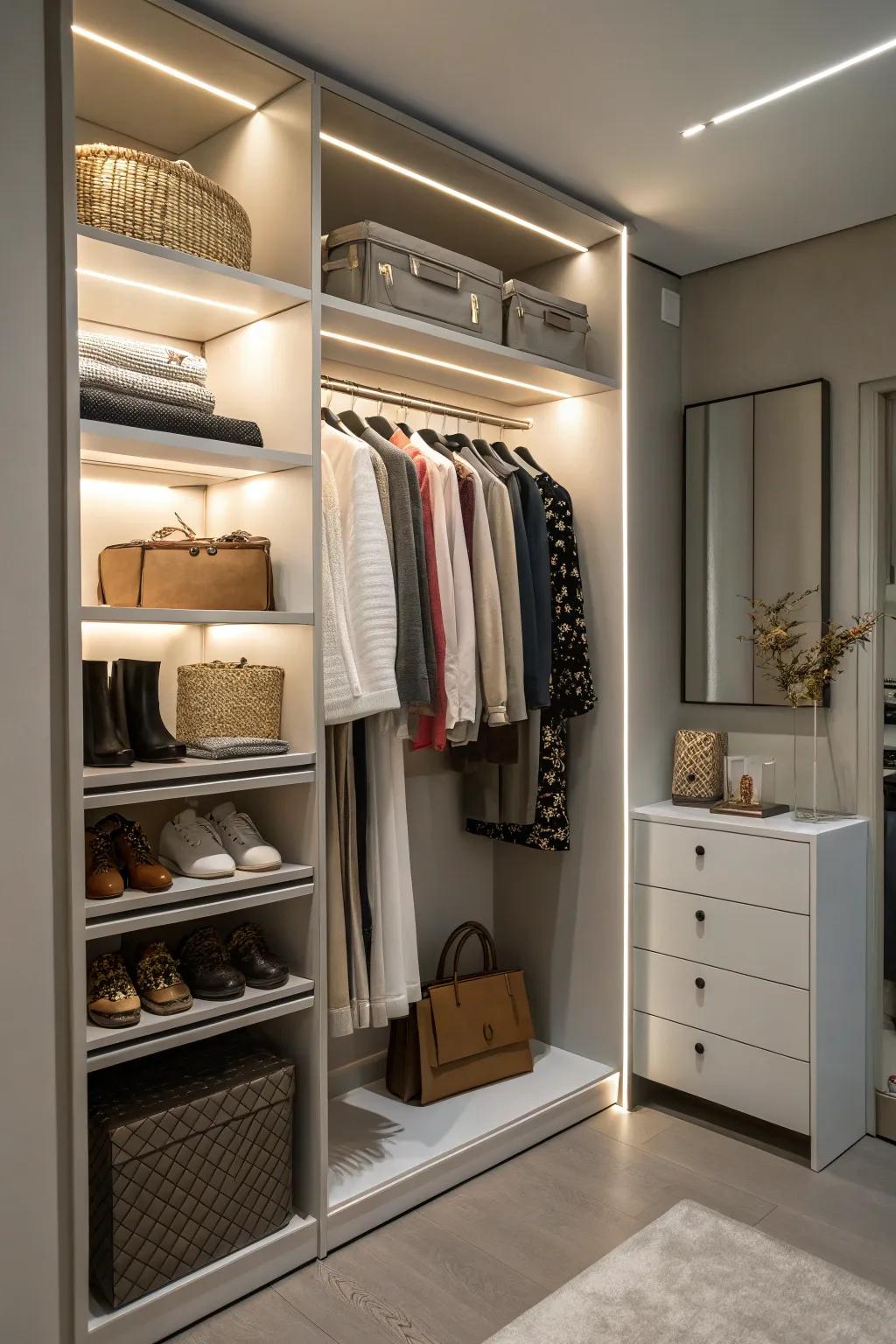 Custom shelving heights maximizing closet space.