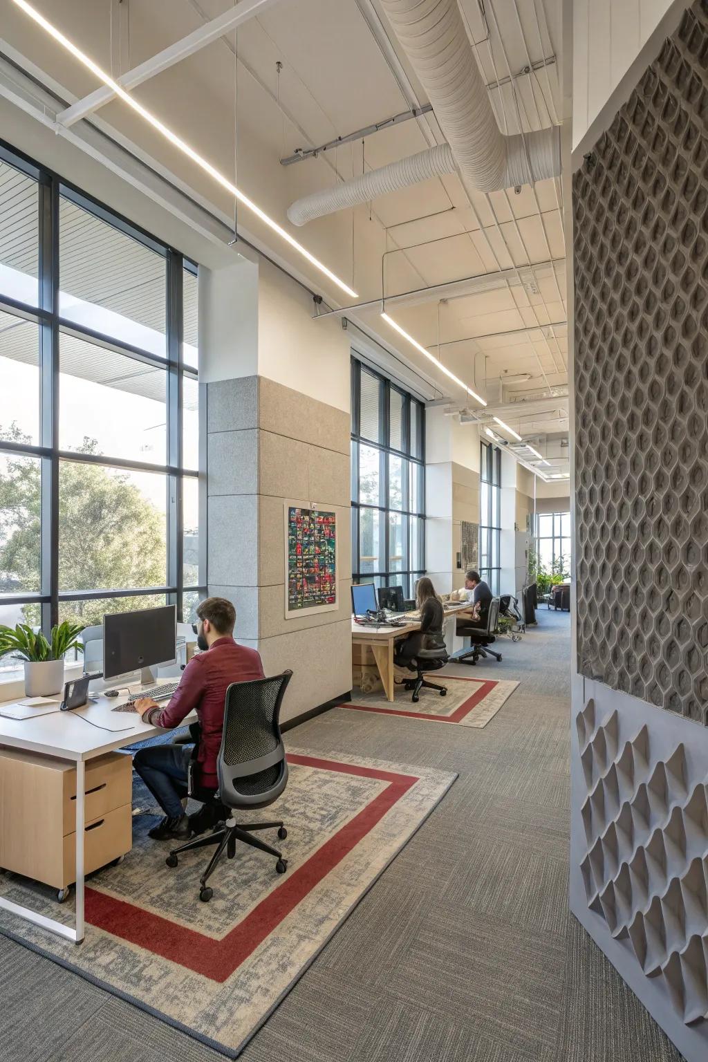 Acoustic panels and rugs used to control noise in an open office.