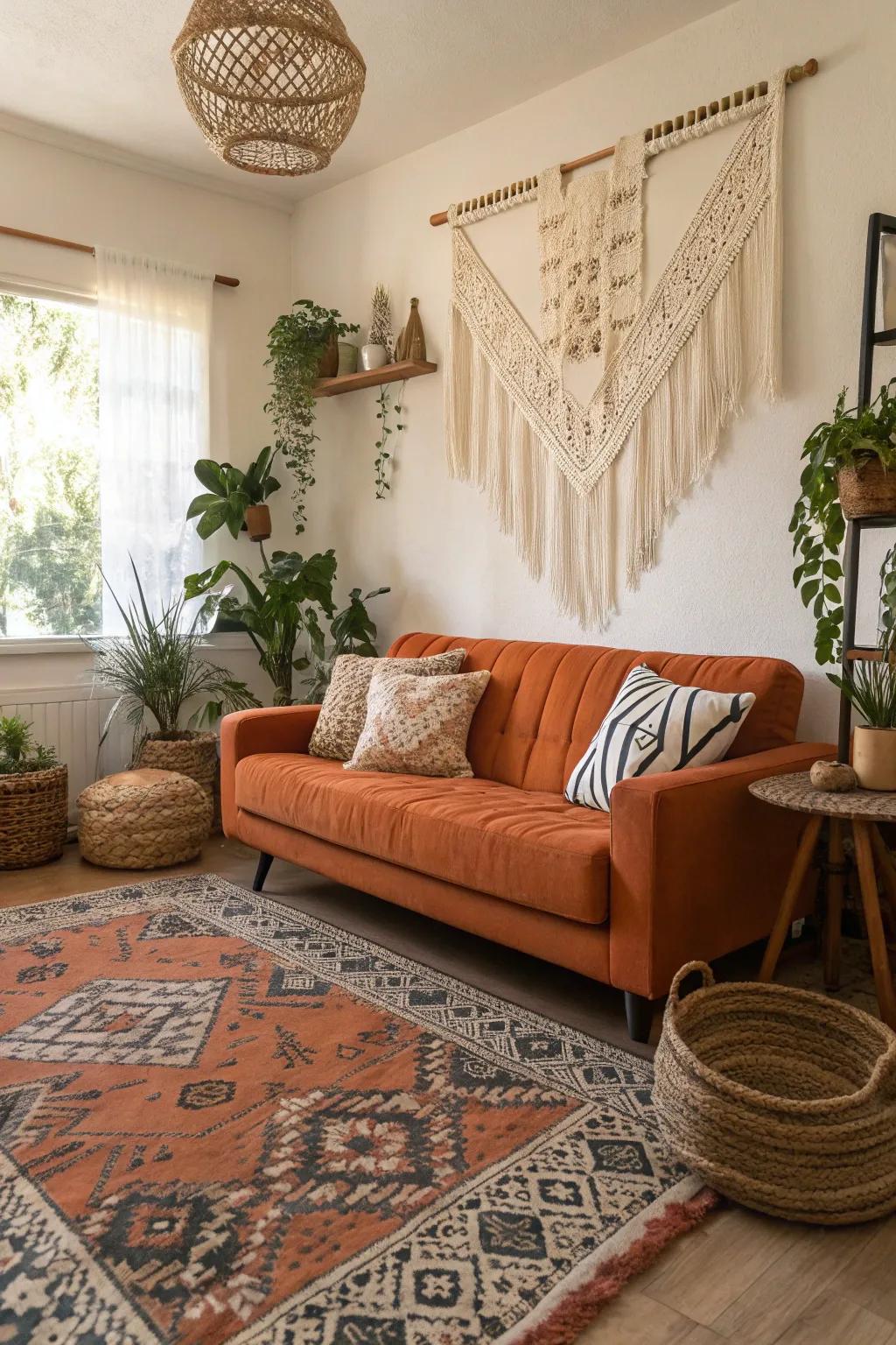 A boho-inspired living room where an orange couch is surrounded by eclectic decor.