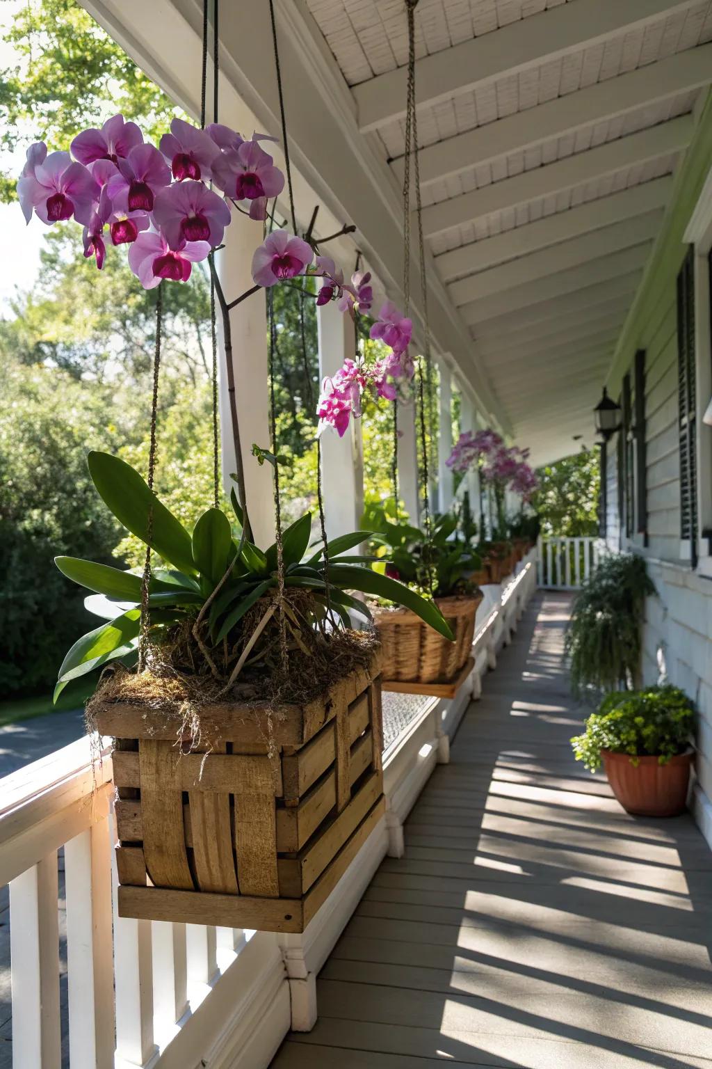 Enhance your porch with classic wooden slat baskets.