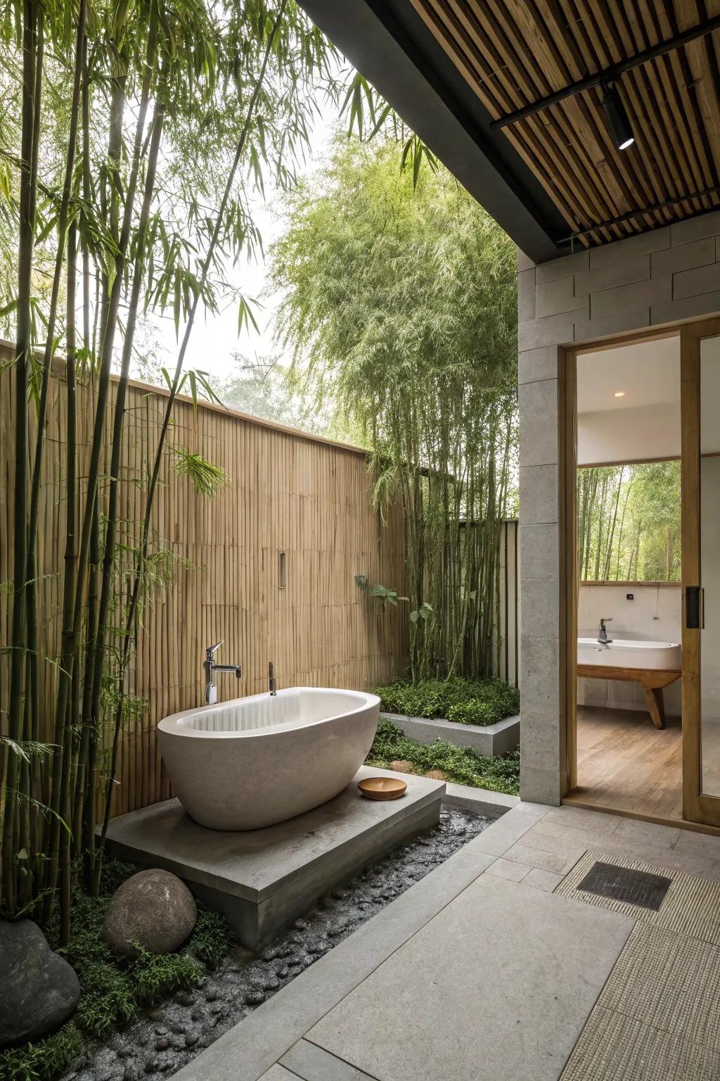 A peaceful Zen-inspired outdoor bathroom retreat.