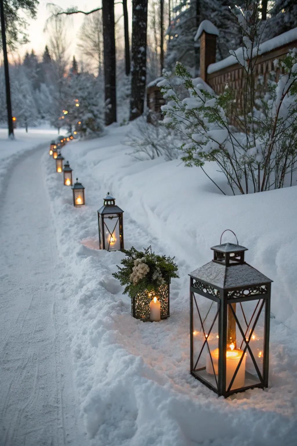 Pathway lanterns with LED candles guide guests with a soft, welcoming glow.