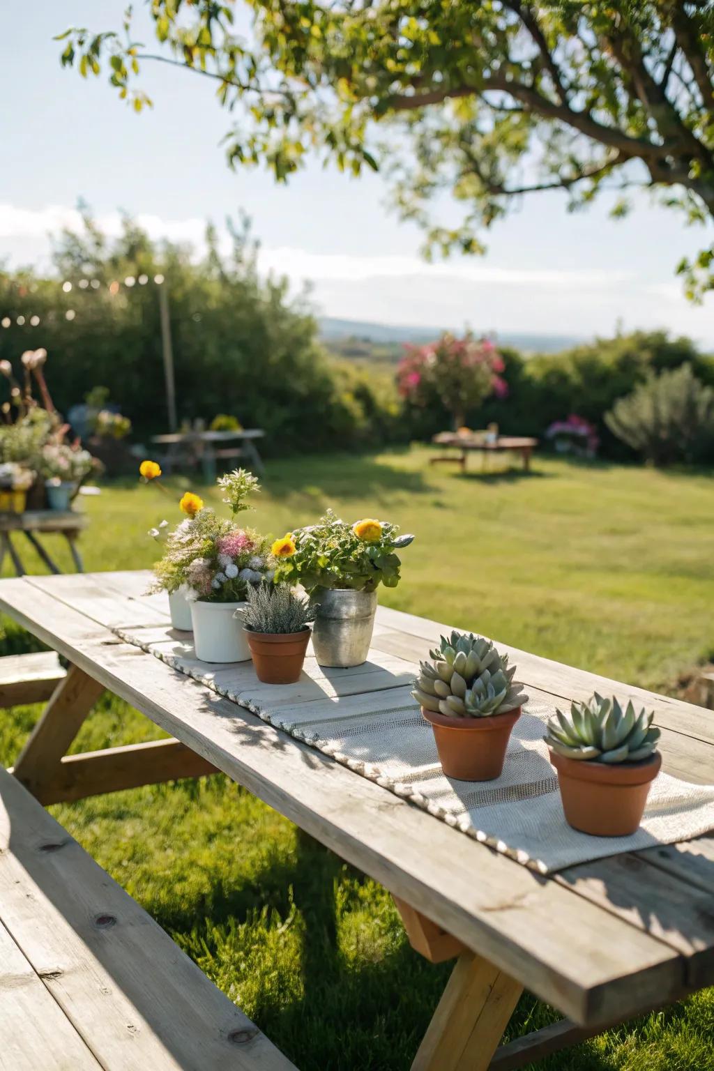 Succulent centerpieces add a modern touch to any picnic table setting.