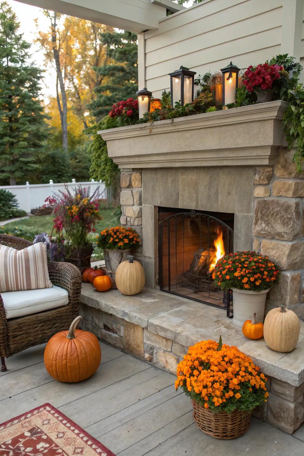 A seasonal display with pumpkins and flowers on the mantel.