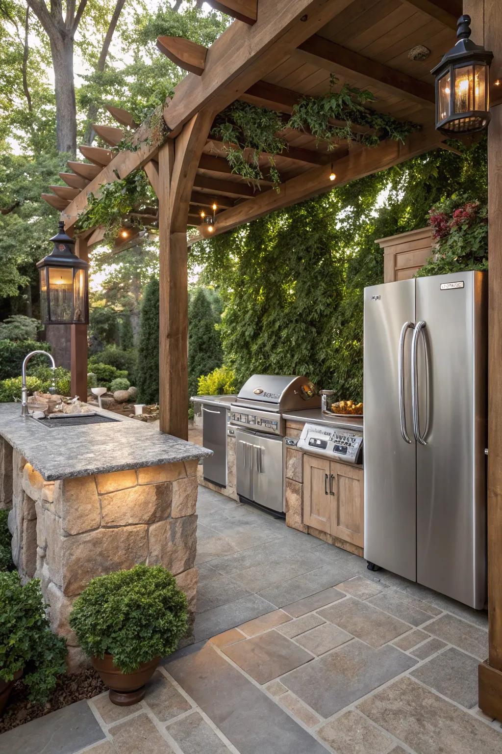 Stone and steel create a timeless elegance in outdoor kitchen design.