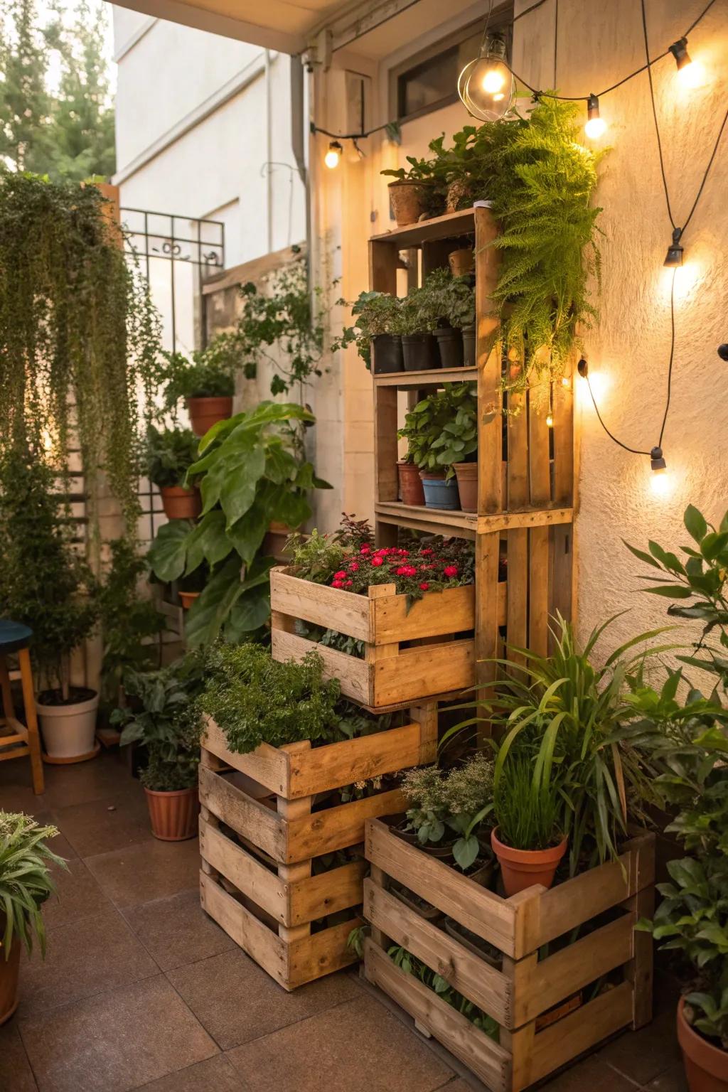 Create rustic charm with wooden crate plant stands.