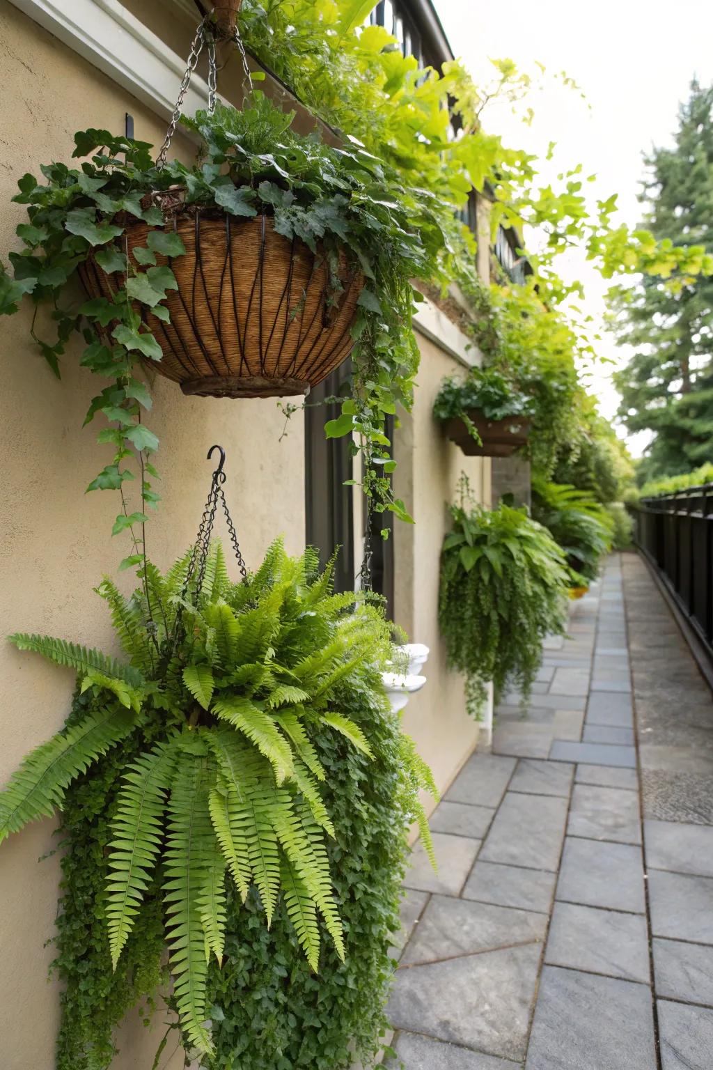 Hanging baskets create a lush, cascading effect.