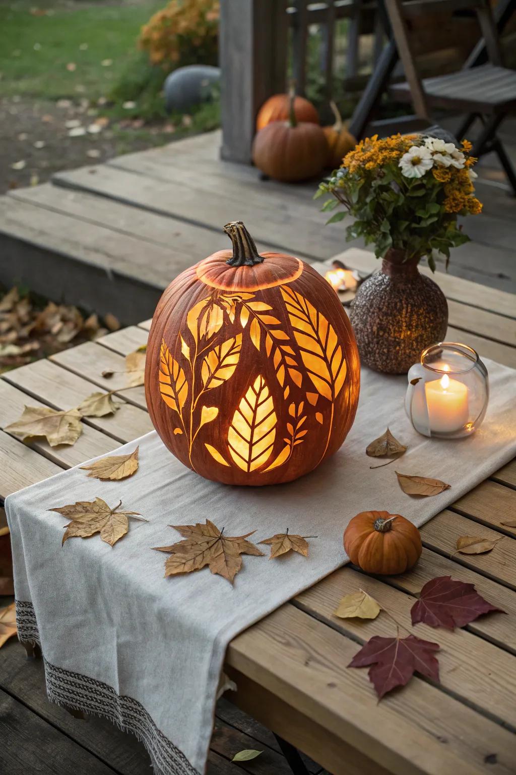 Illuminate your autumn nights with the artful glow of a leaf-patterned pumpkin.