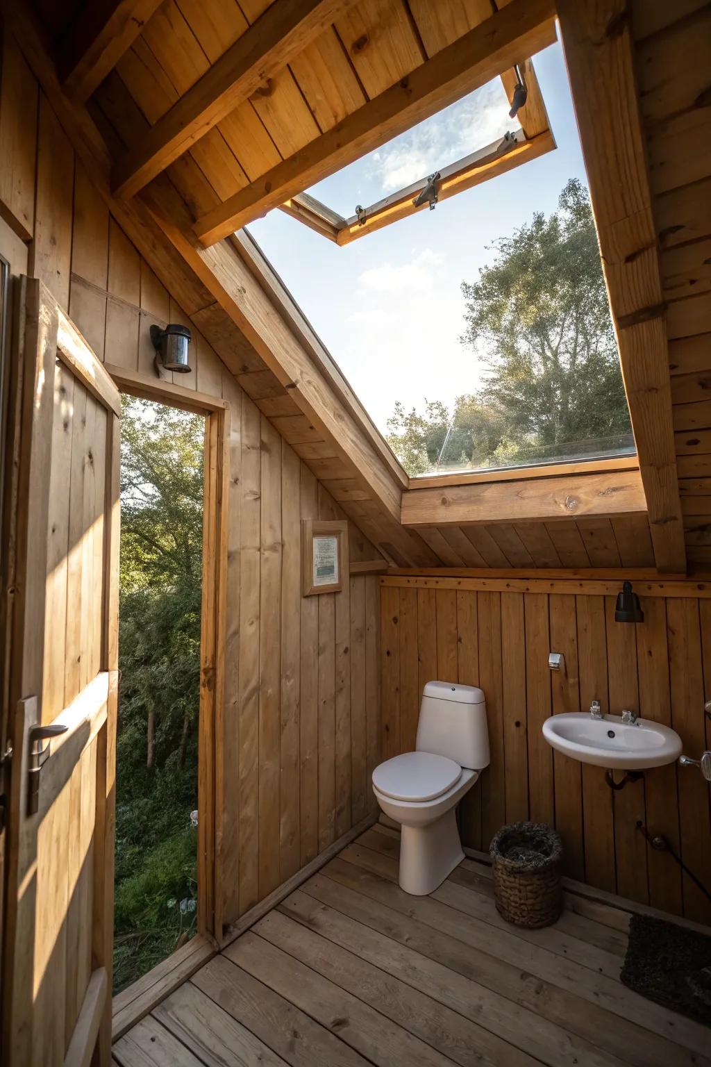 A skylight transforms this outhouse bathroom into a bright and inviting space.