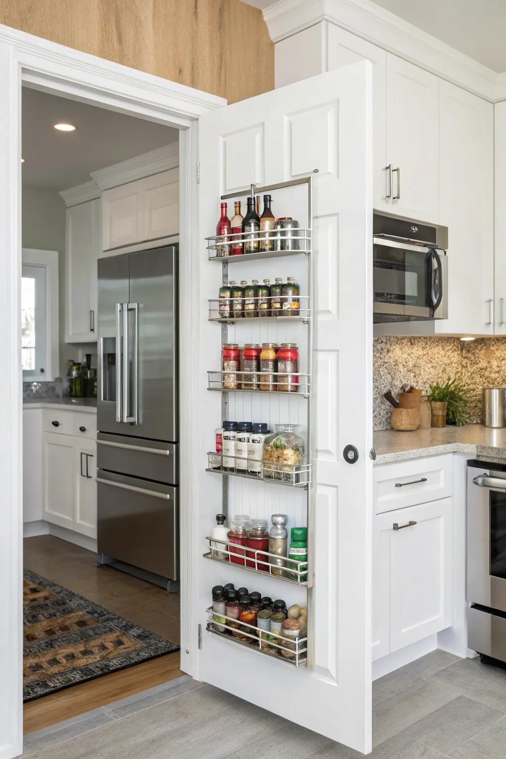 Organize your spices efficiently with a pantry door rack.