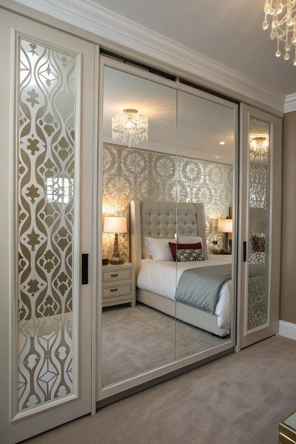 Stenciled paint designs offer a custom artistic touch to mirrored doors.