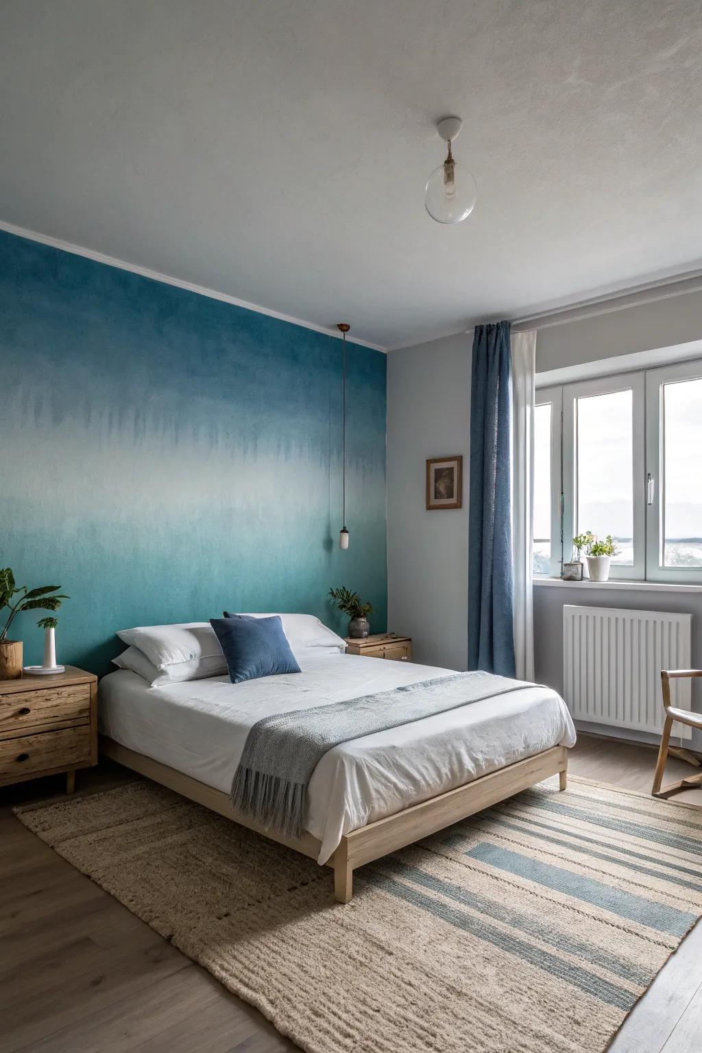 Ombre walls create a calming and serene atmosphere in this bedroom.