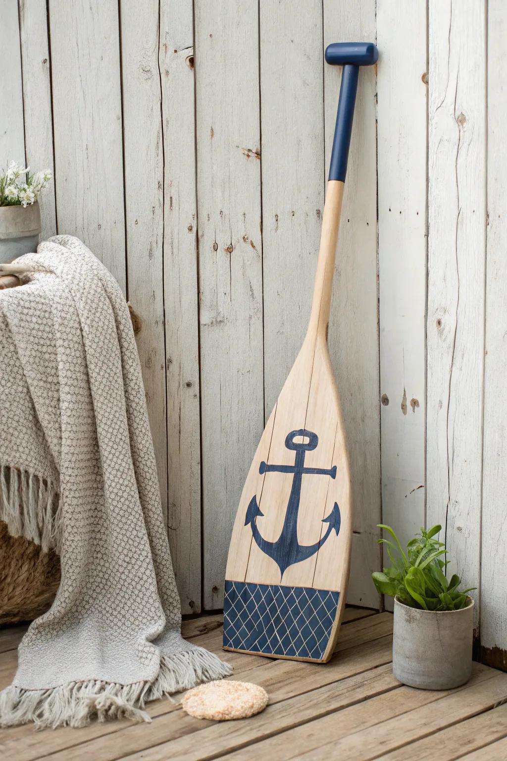 Set sail in style with this beautifully painted nautical paddle, perfect for adding a touch of the sea to your decor.