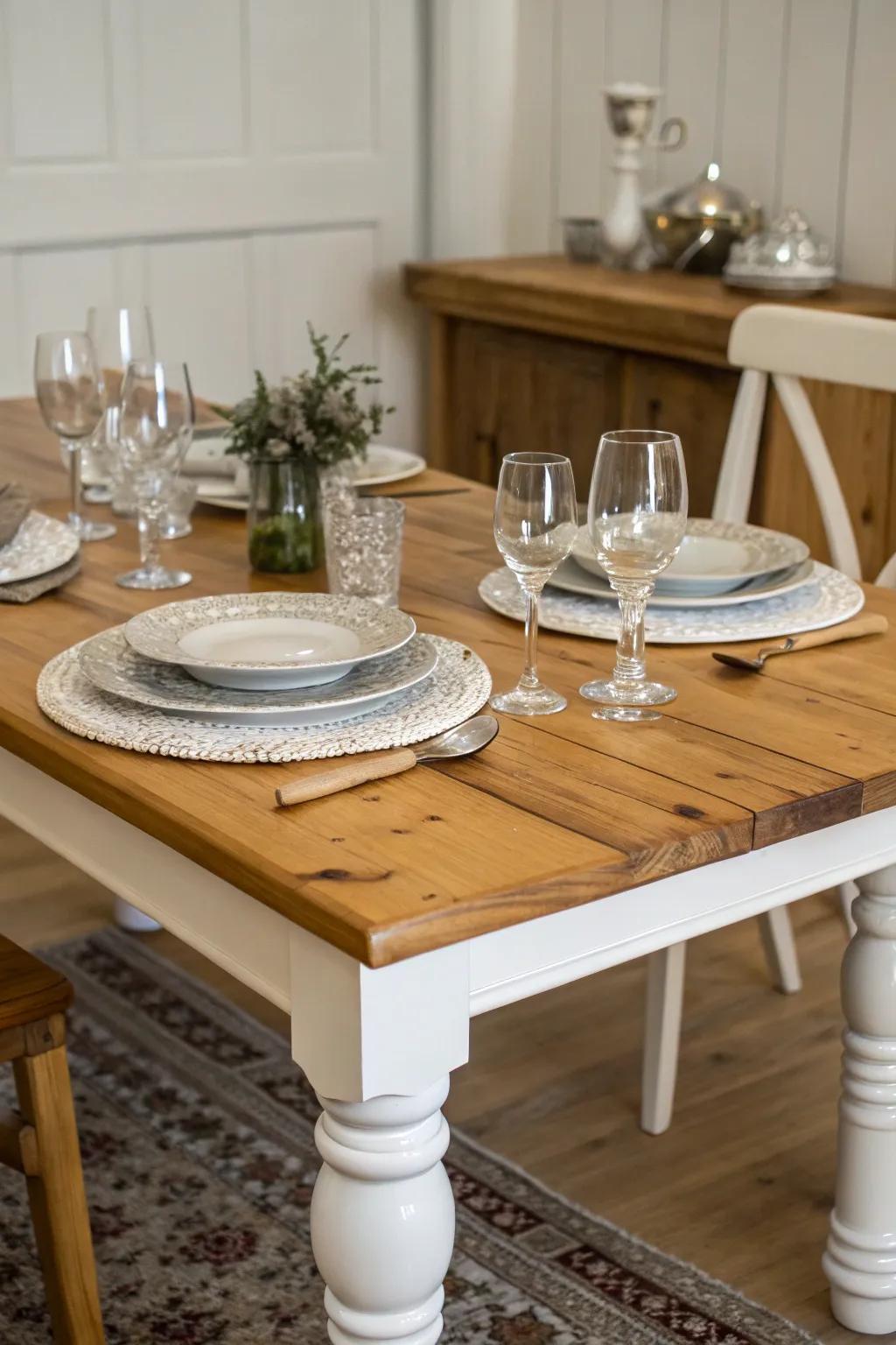 A dining table elegantly combining wood and paint.