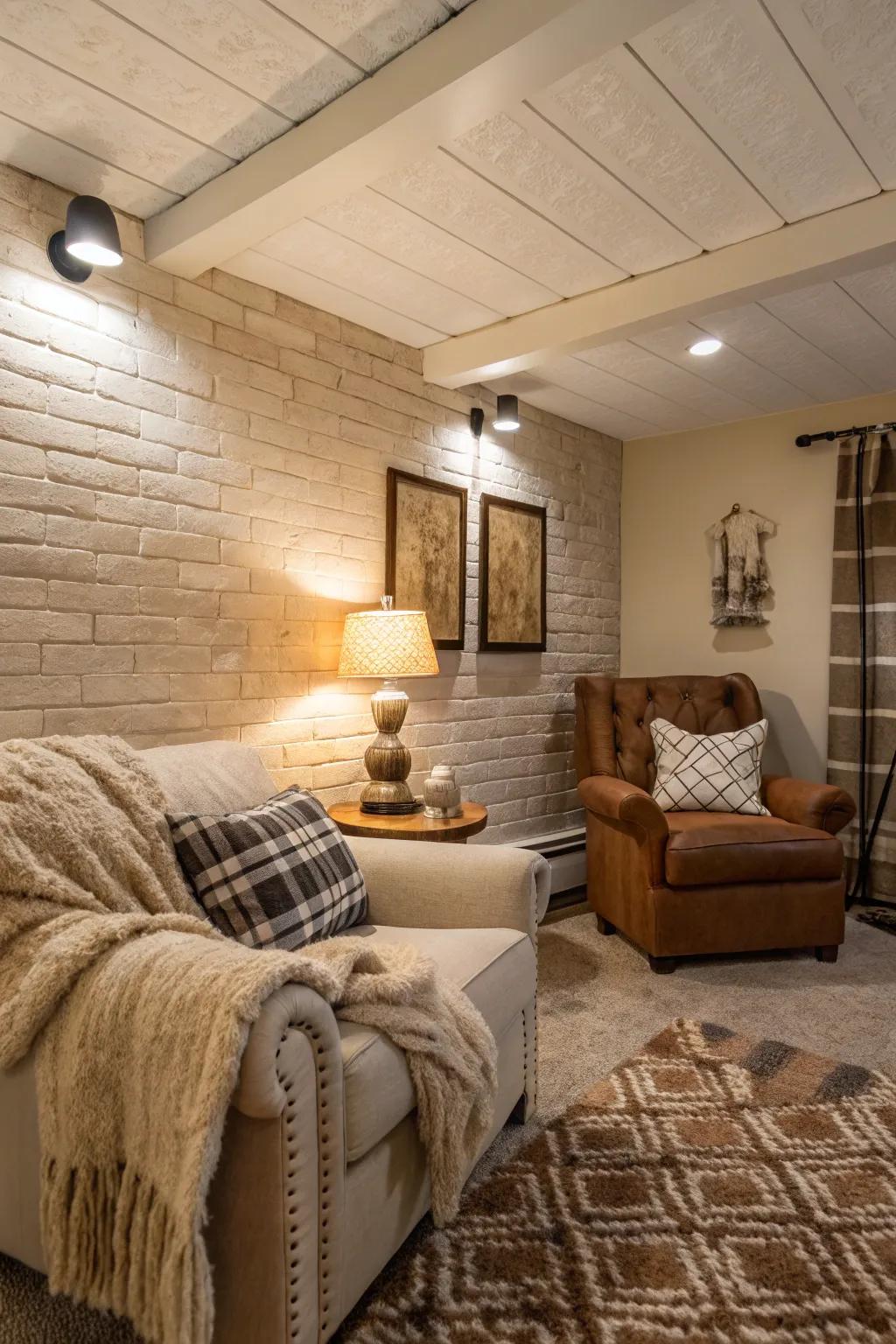 Taupe painted brick walls that add warmth to a cozy living room.