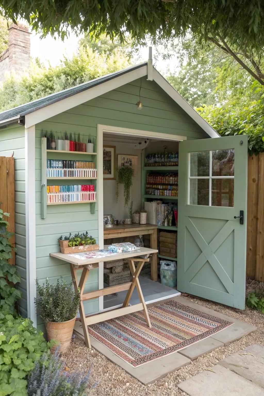 Transform your garden shed into a serene art haven. Embrace creativity surrounded by nature. #ArtStudio #BohoChic