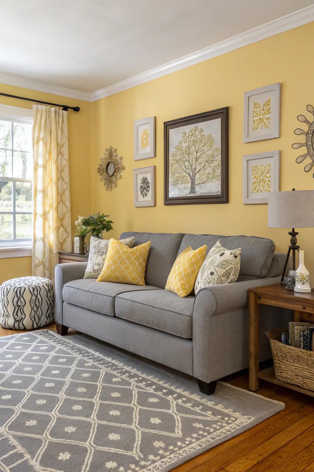 Yellow and gray combine to create a stylish and balanced living room.