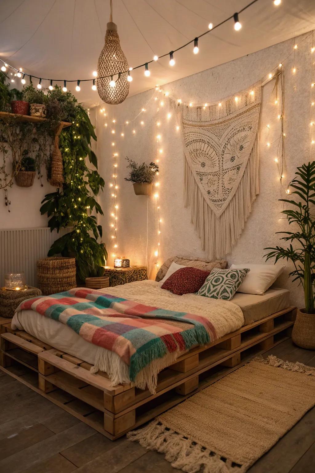 Create a magical retreat with a pallet bed adorned with twinkling string lights.