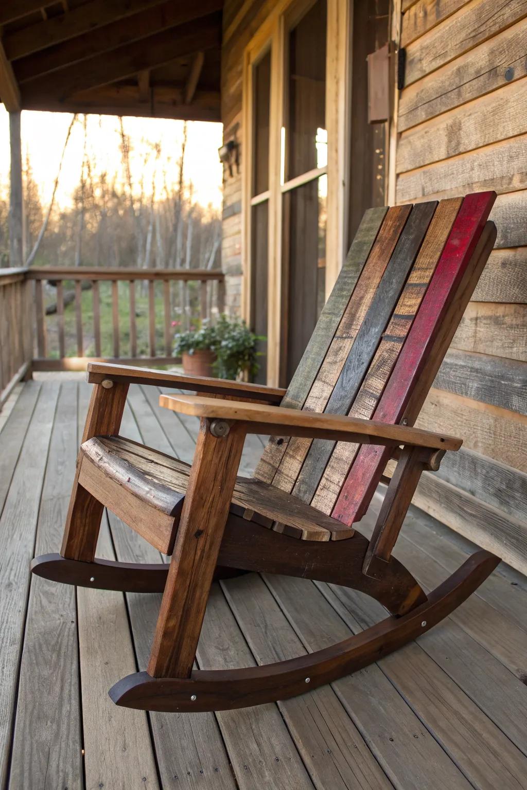 Relax in style with a custom-made pallet rocking chair, perfect for your porch retreat.