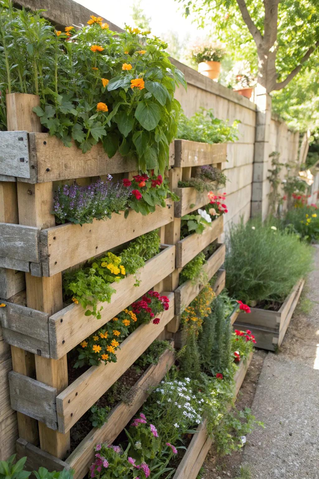 Pallet planters offer a lush vertical garden solution.