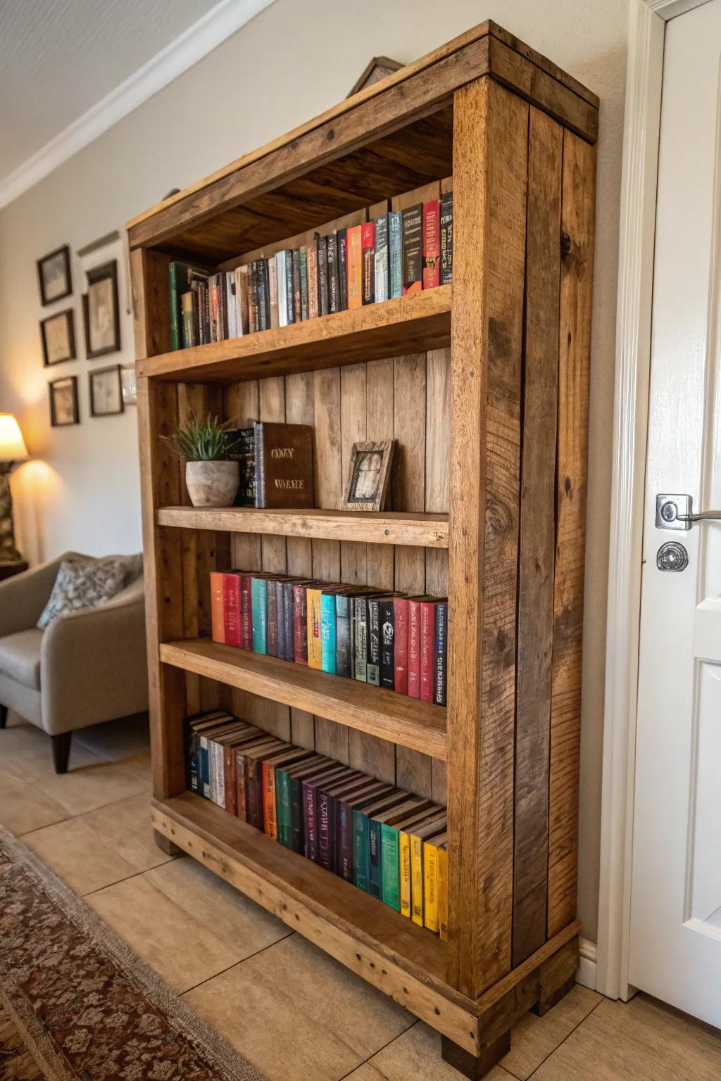 Transform your space with a handcrafted pallet bookshelf, where rustic charm meets literary elegance.