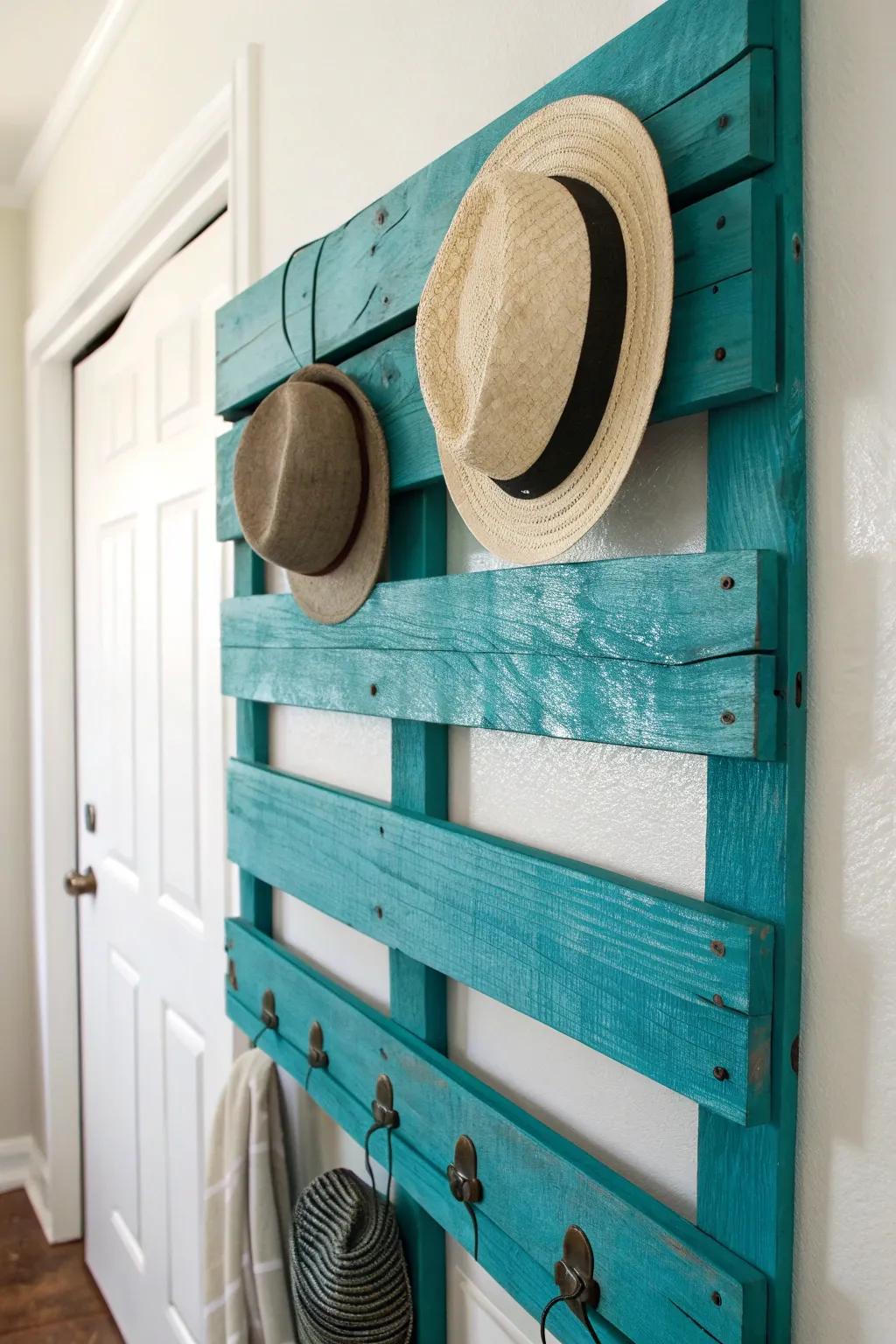 Revitalize your space with a bold teal hat rack—where craftsmanship meets modern flair.
