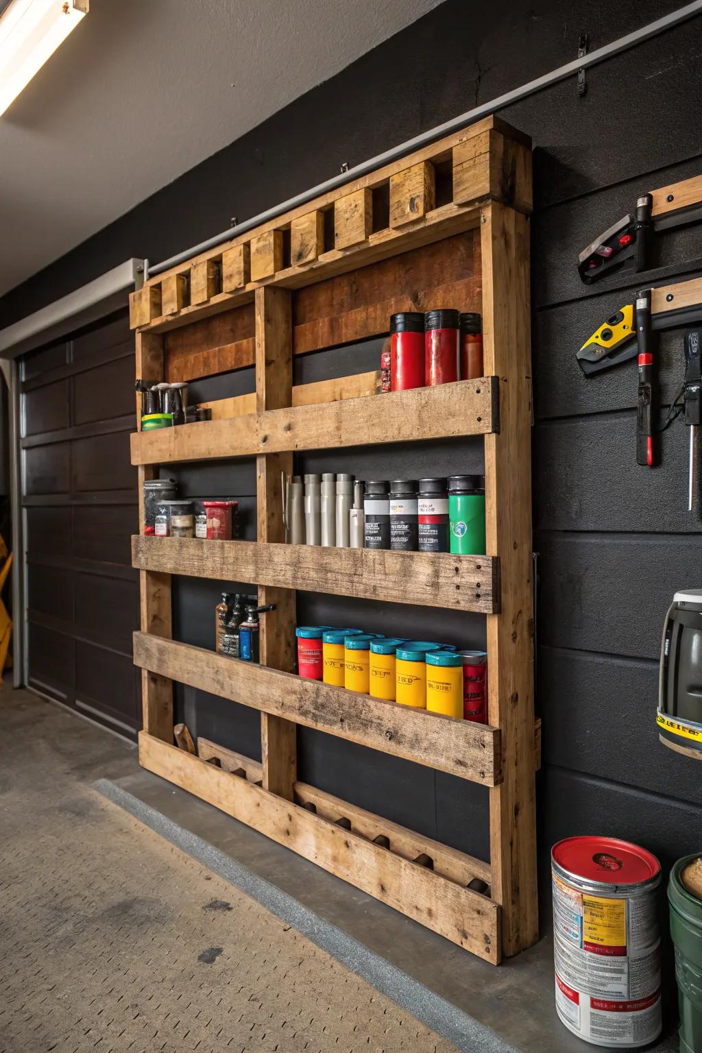 Elevate your garage with a stylish and functional pallet shelving unit that blends craftsmanship with practicality.
