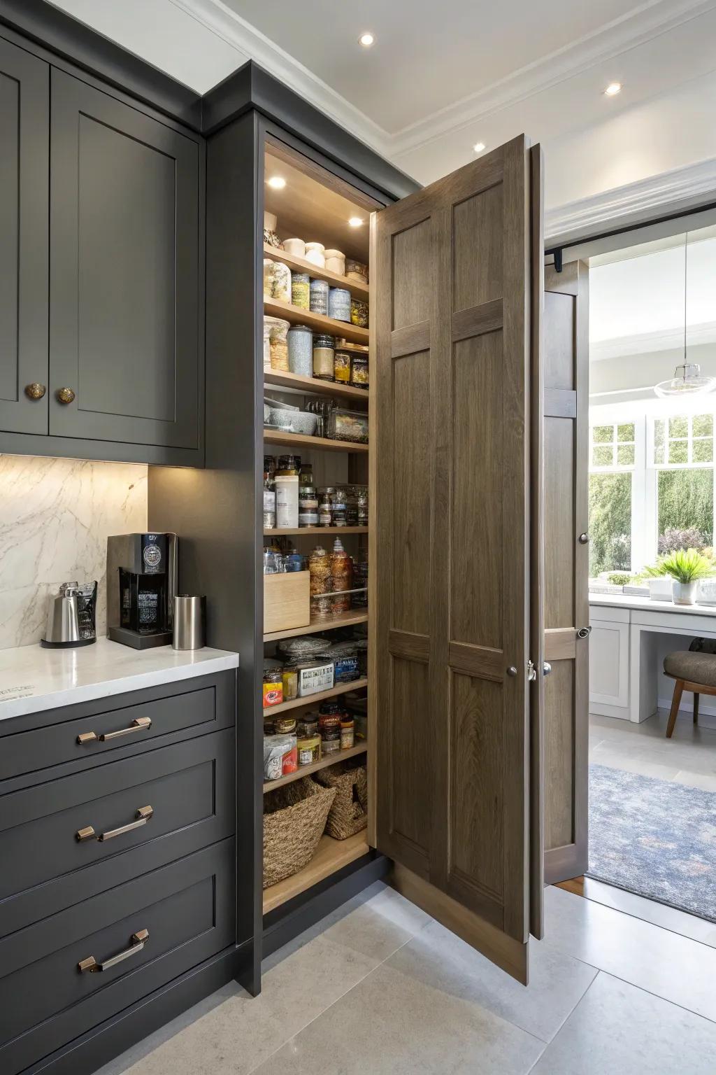 A hidden pantry blends seamlessly with kitchen design.