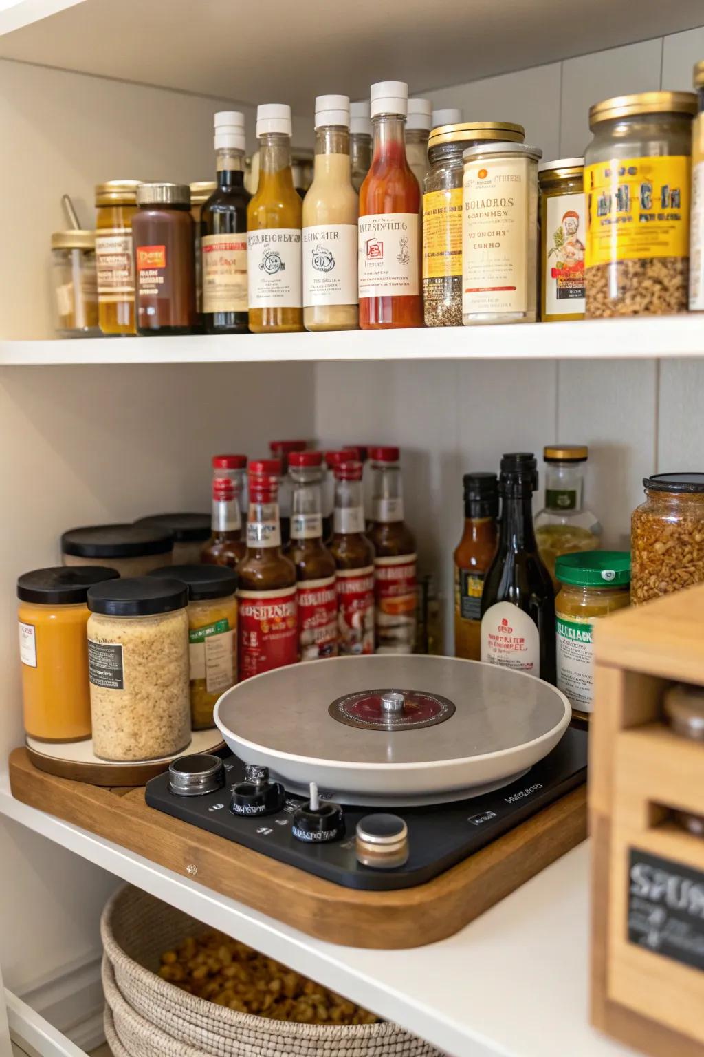 A turntable on a deep shelf helps keep sauces and spices organized.