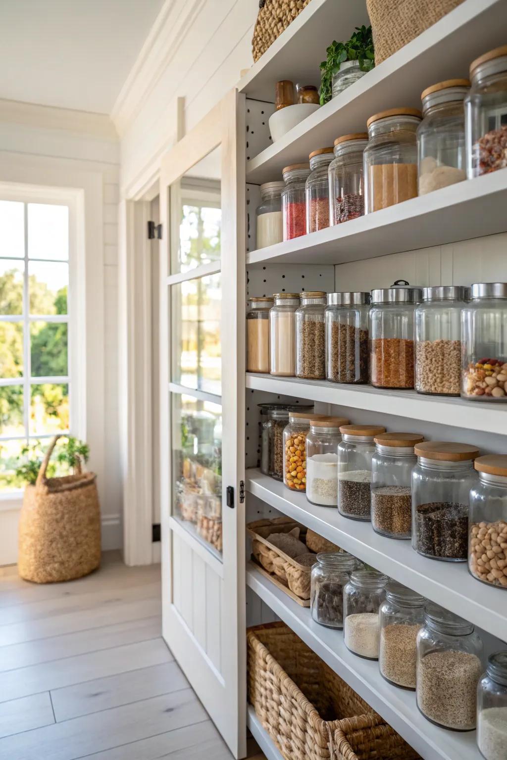 Open shelving brings an airy feel and displays your pantry essentials beautifully.