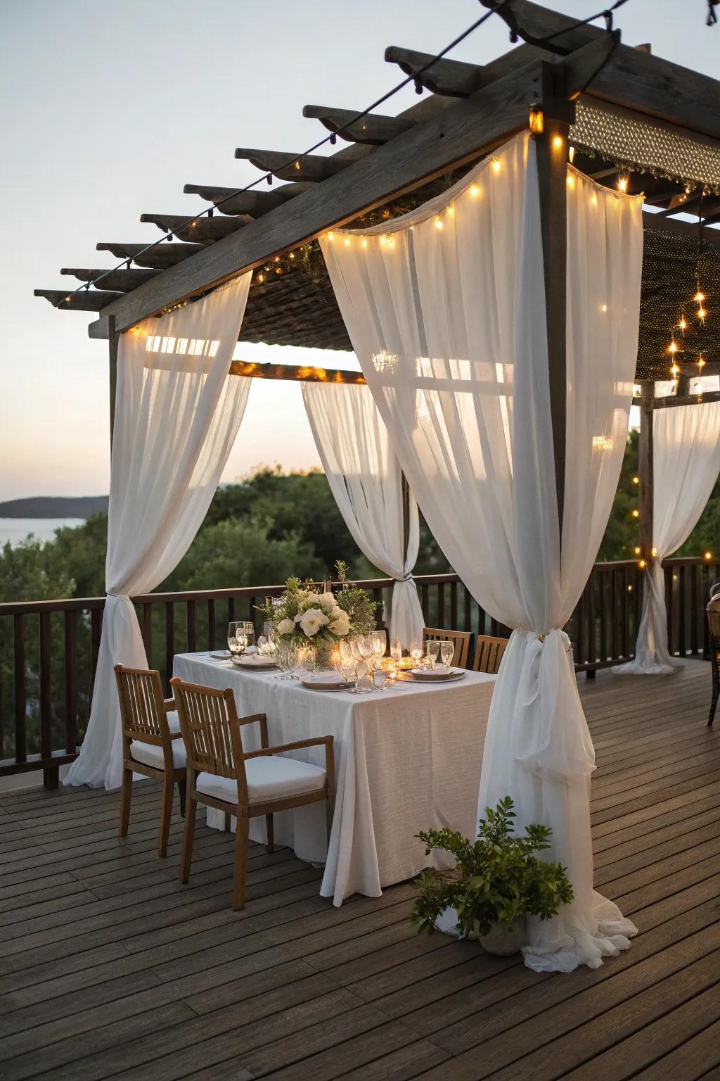 A charming deck with a pergola, enhanced by flowing curtains for a touch of elegance.