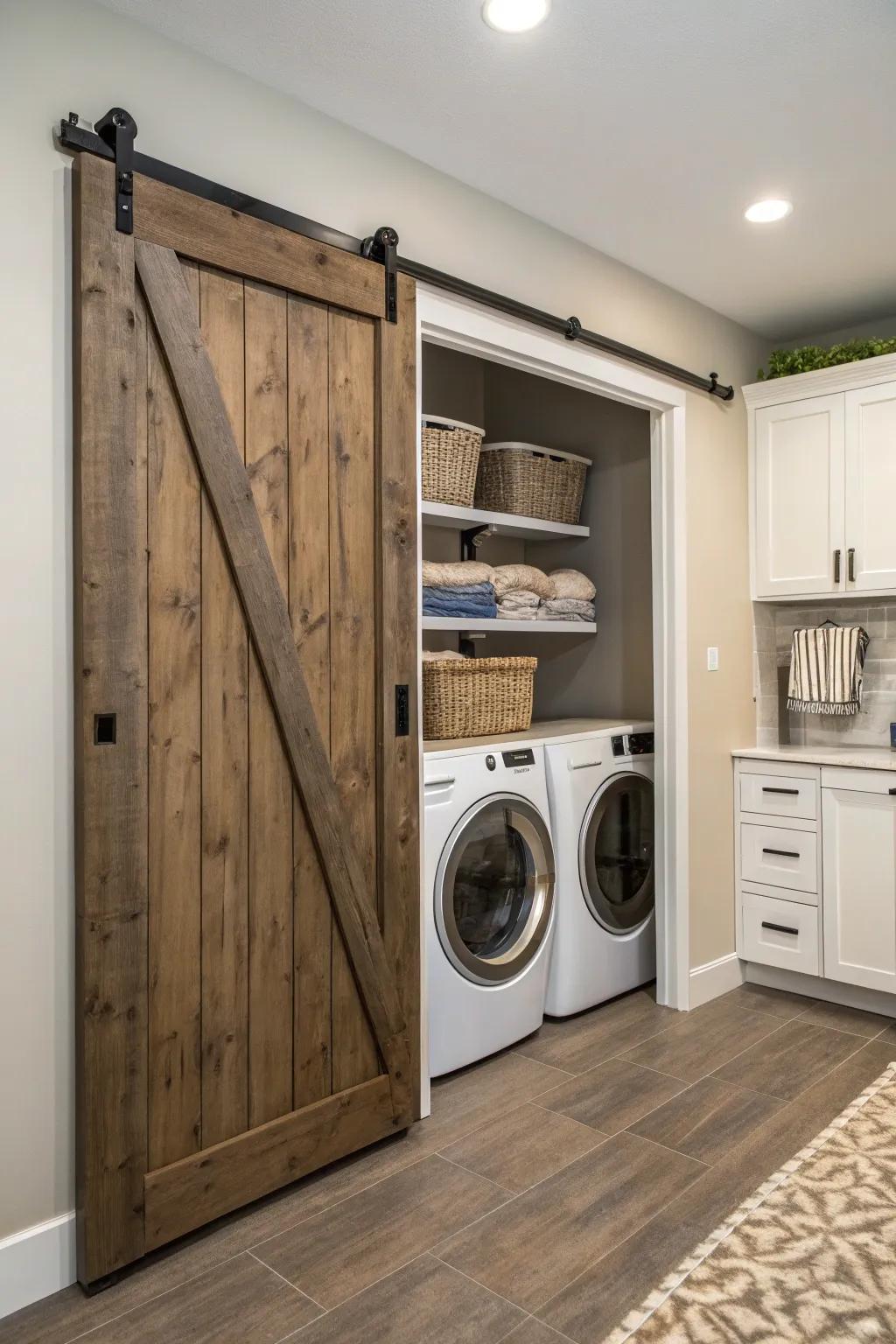 A sliding door adds privacy and a modern aesthetic to the laundry room.