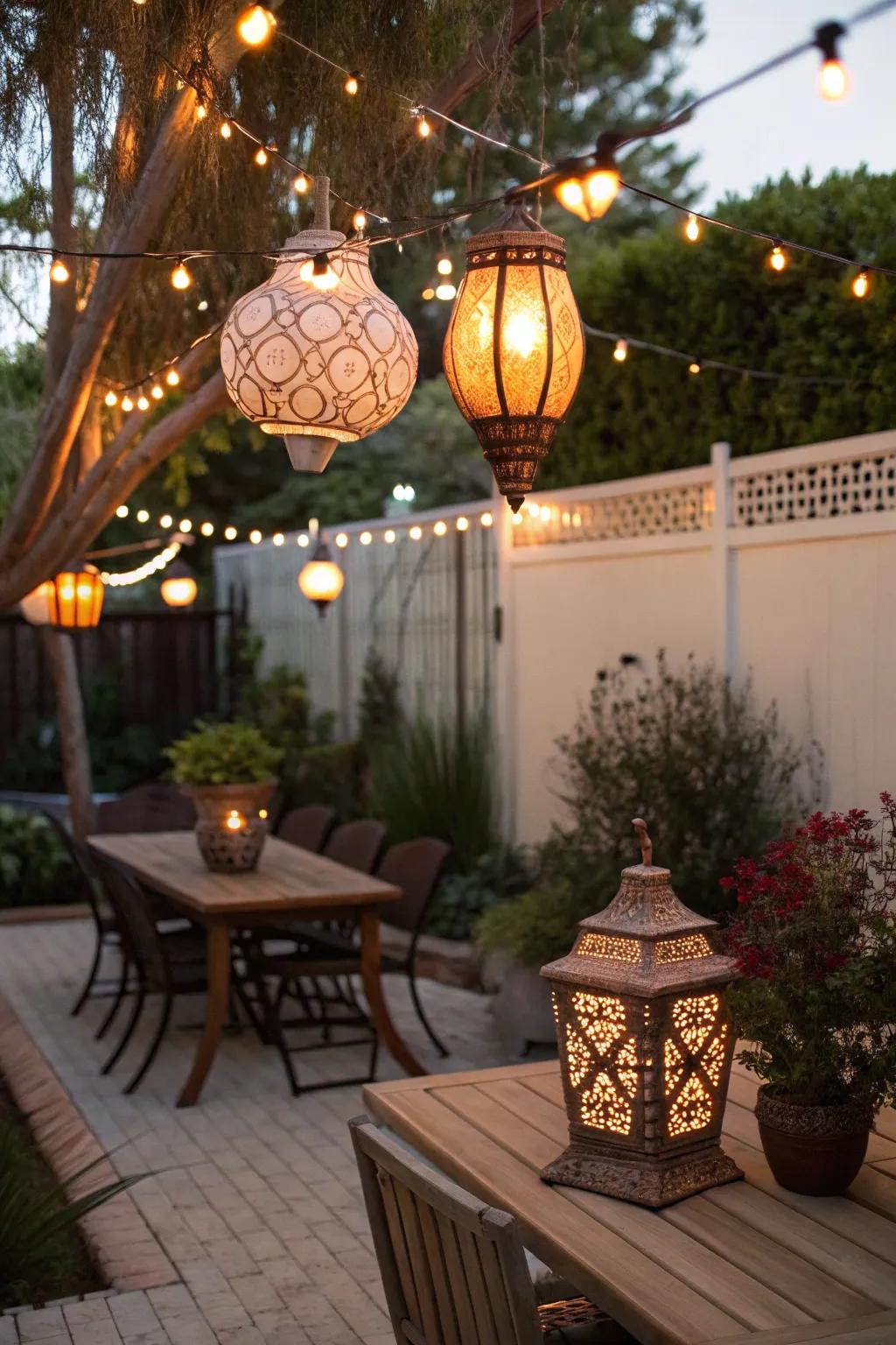 String lights paired with lanterns for added charm.