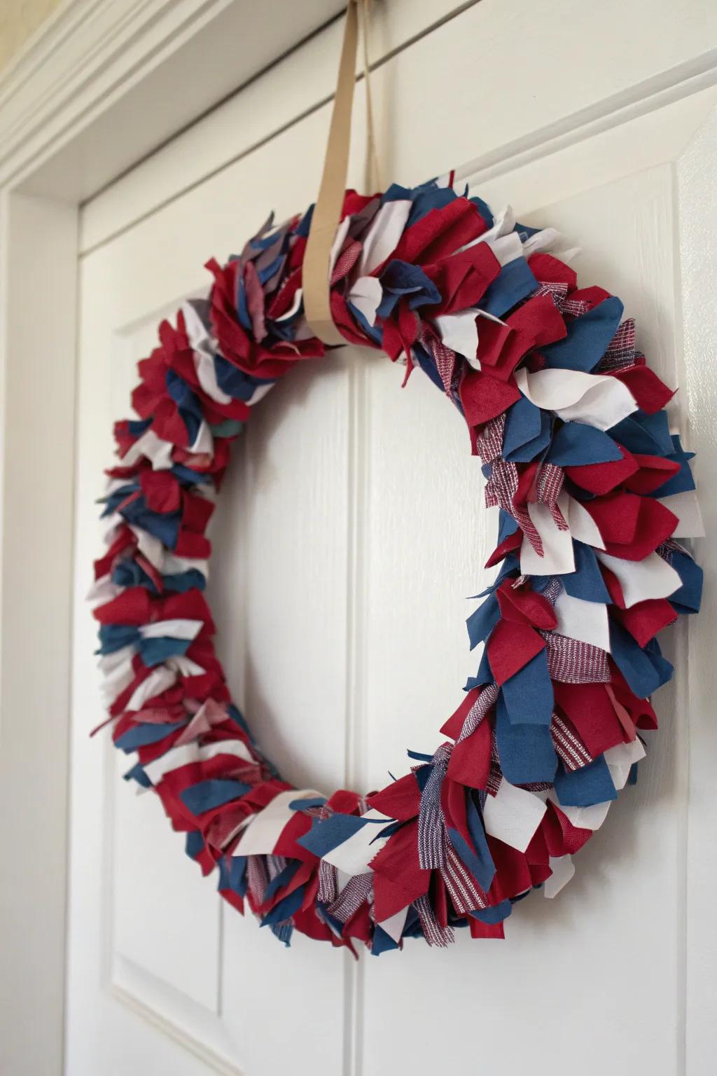 Transform fabric scraps into a stunning patriotic wreath that blends simplicity with bold aesthetics.