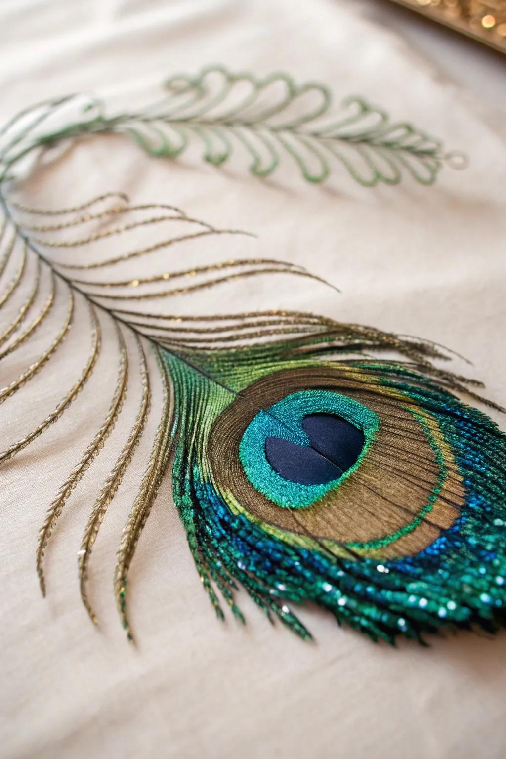Sparkle and shine with this exquisite sequin-adorned peacock feather, a perfect blend of minimalism and boho chic.