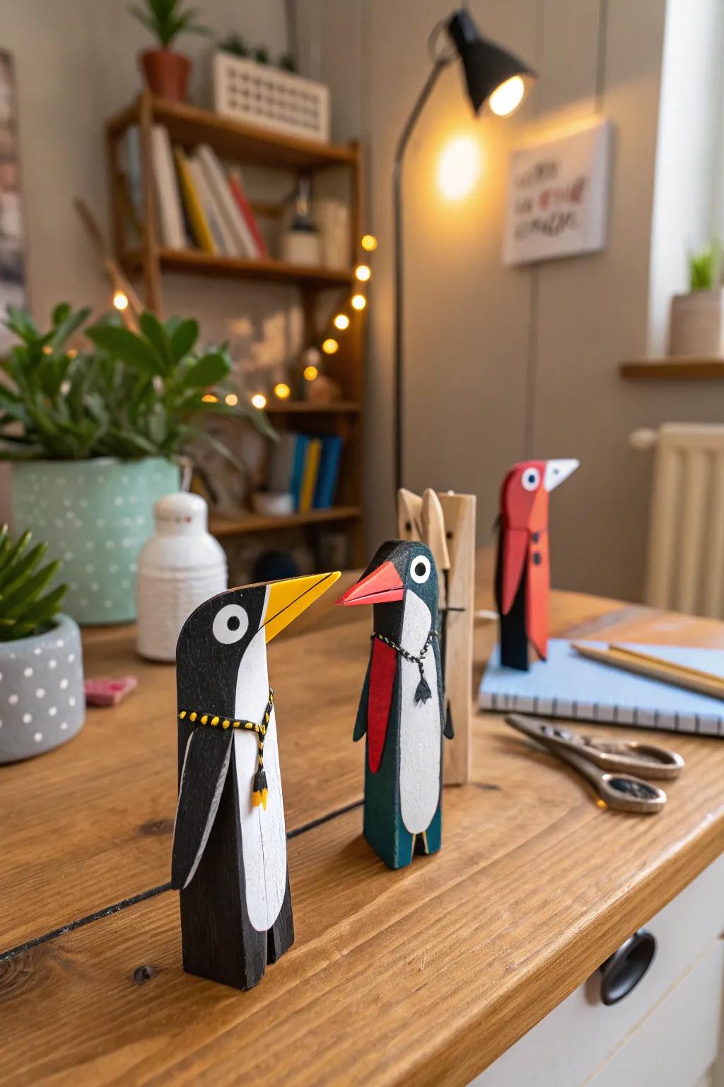 Decorate your workspace with these playful painted clothespin penguins.