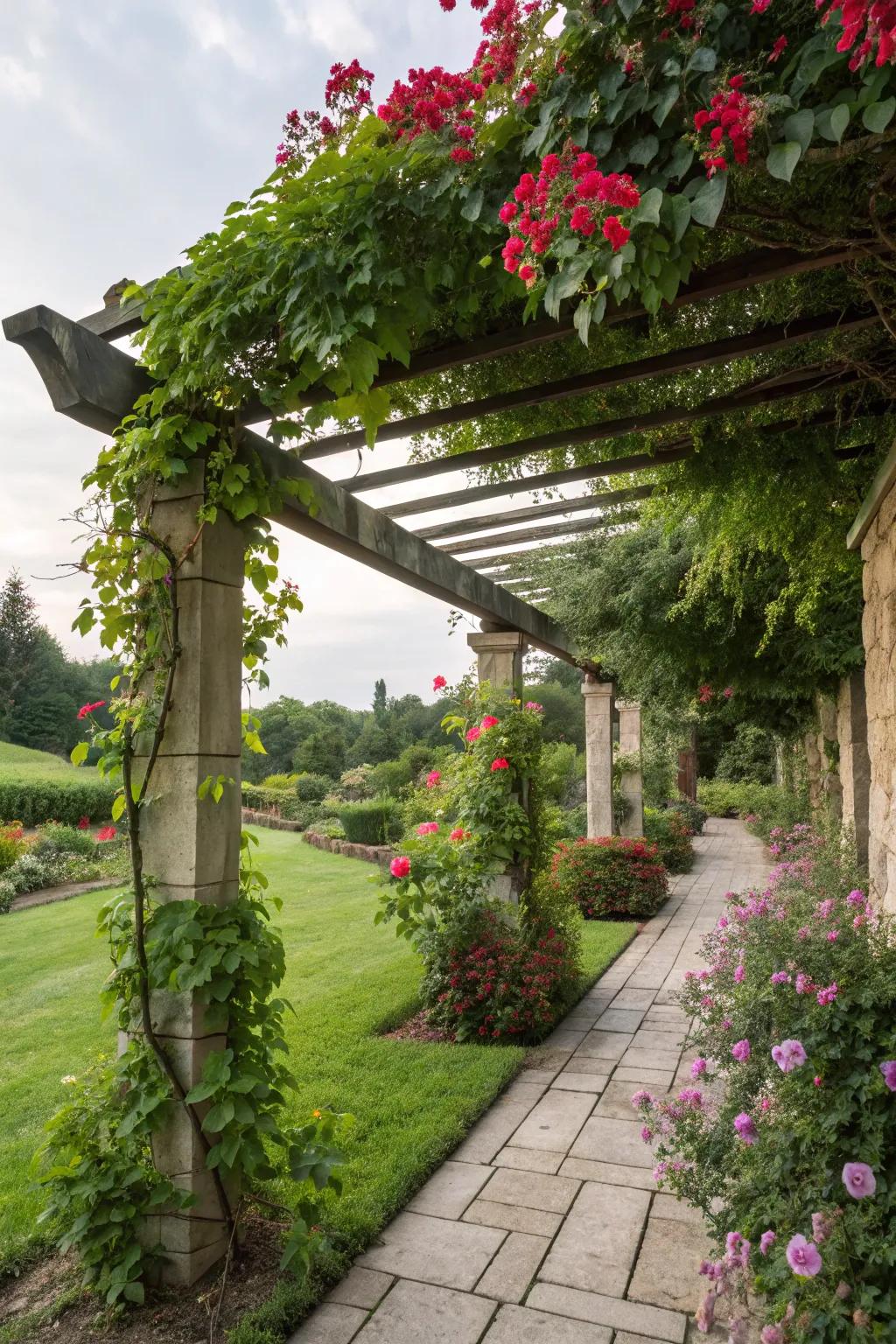 A pergola adorned with climbing plants, forming a serene garden retreat.