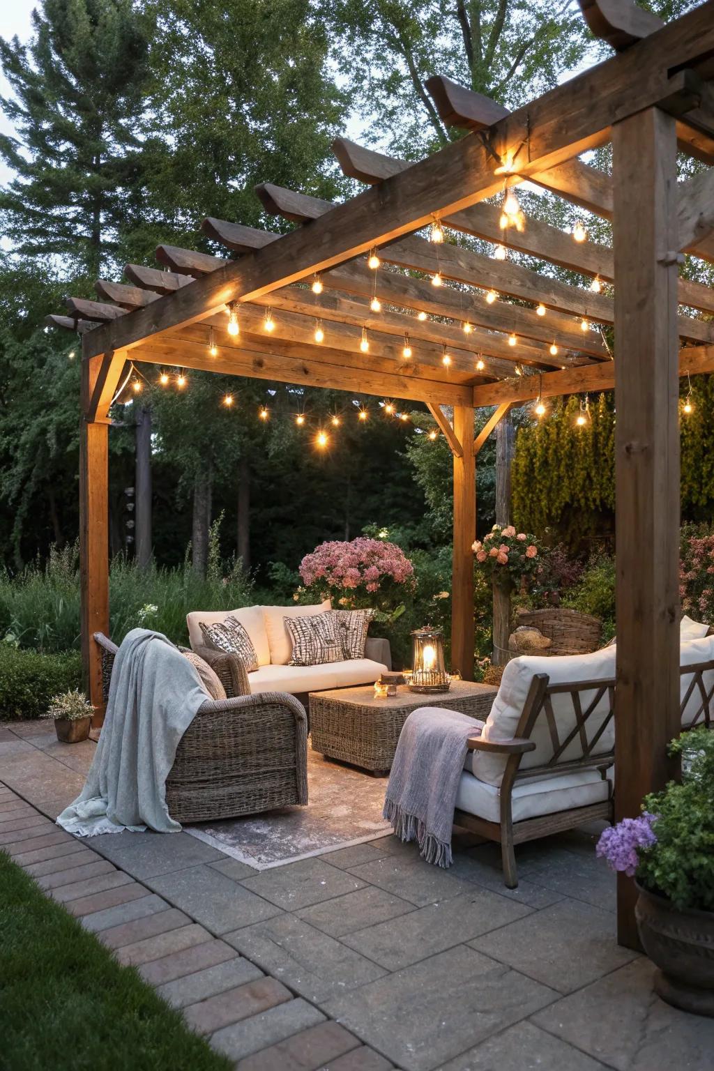 Integrated lighting turns a pergola into a magical evening haven.