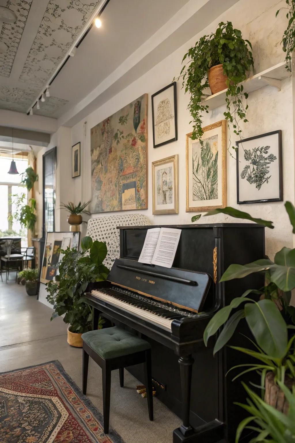 Art and plants complement a well-placed piano.