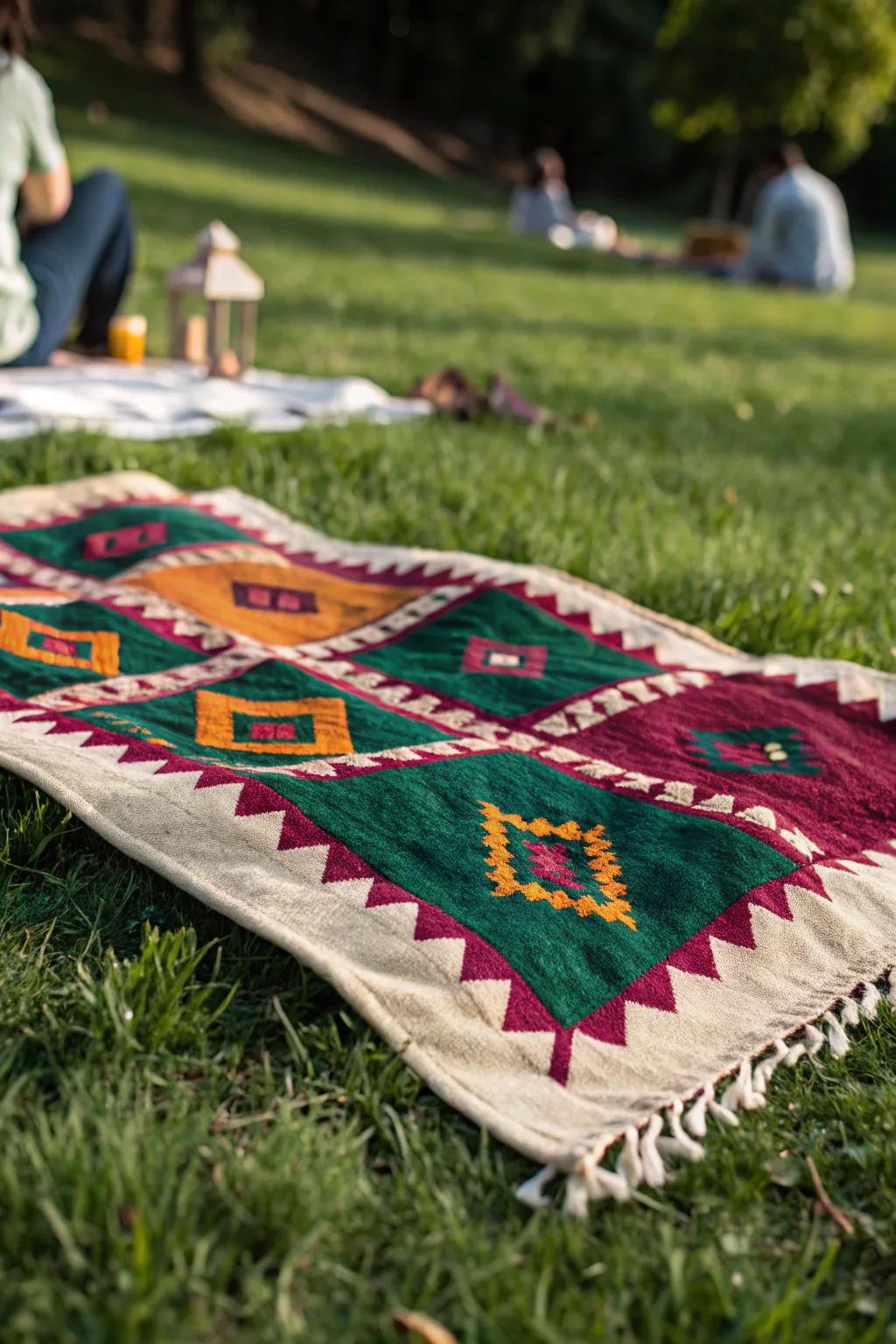 Discover the charm of embroidered elegance with this stunning picnic blanket design.