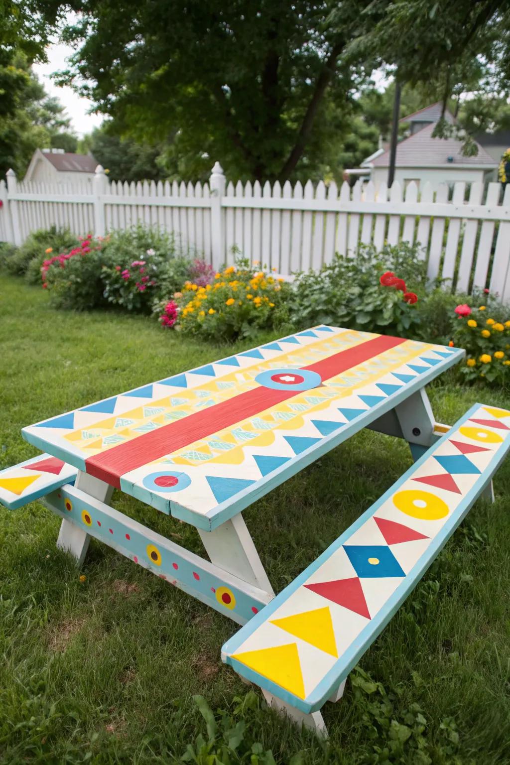 Geometric patterns give a modern and stylish twist to a classic picnic table.