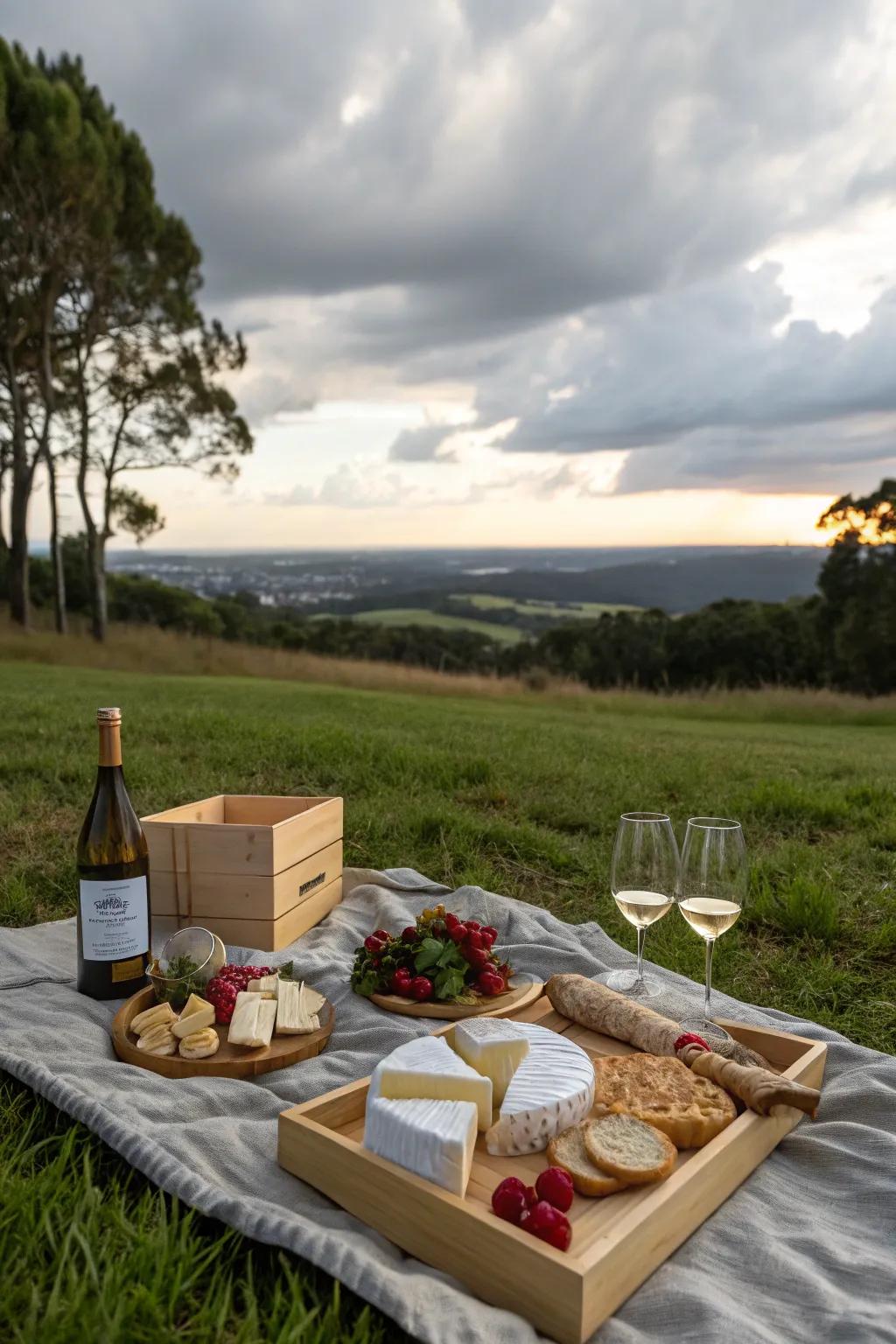 Indulge in an elegant wine and cheese picnic with artisan selections.