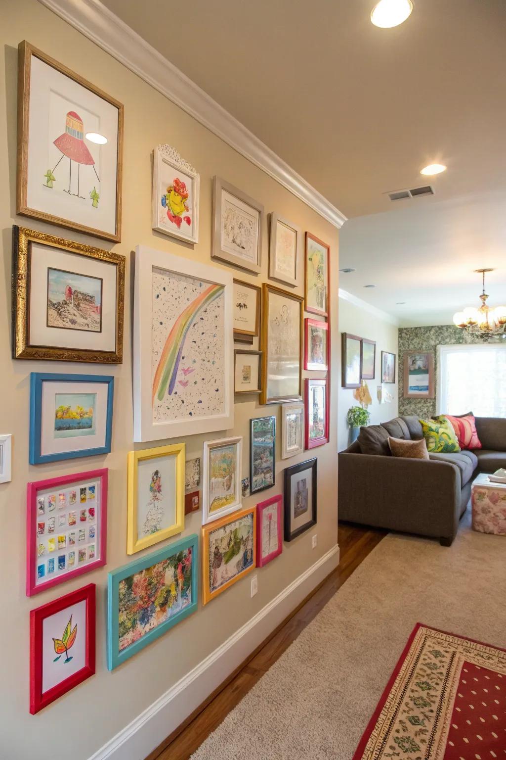 A vibrant gallery wall showcasing children's creative artwork.