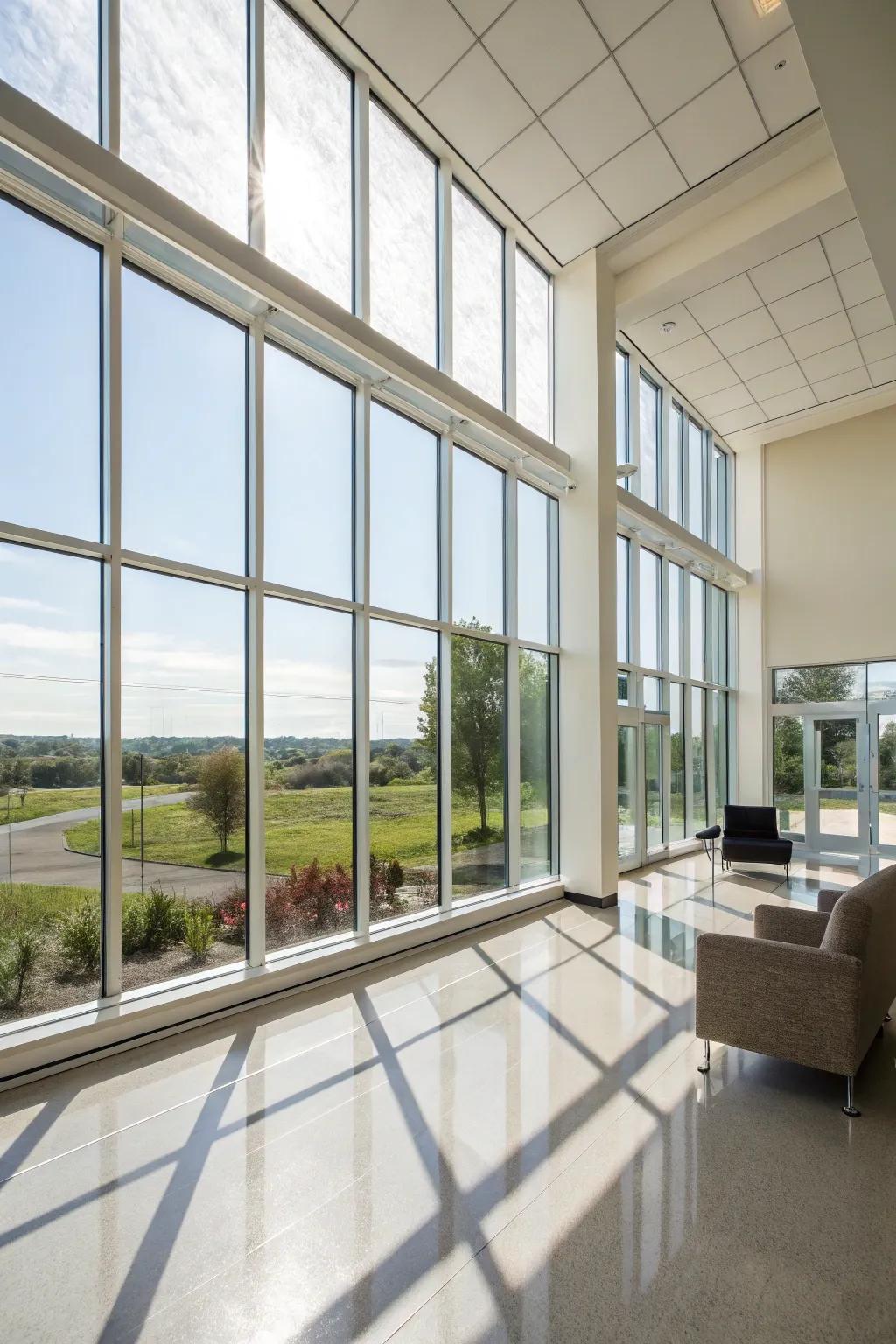 Modern space illuminated by energy-efficient vinyl picture windows.