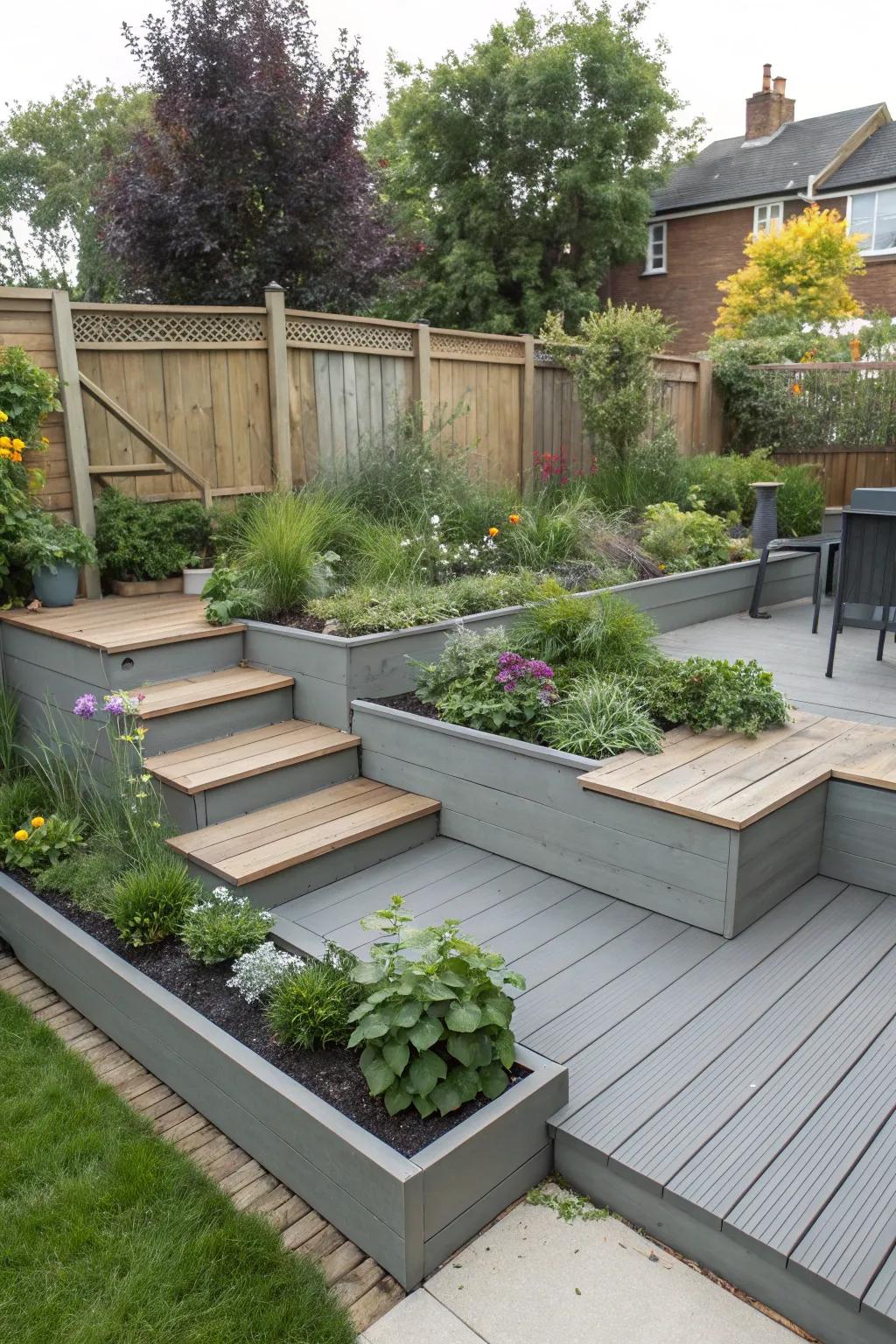 A tiered deck design that cleverly uses space to define outdoor areas.