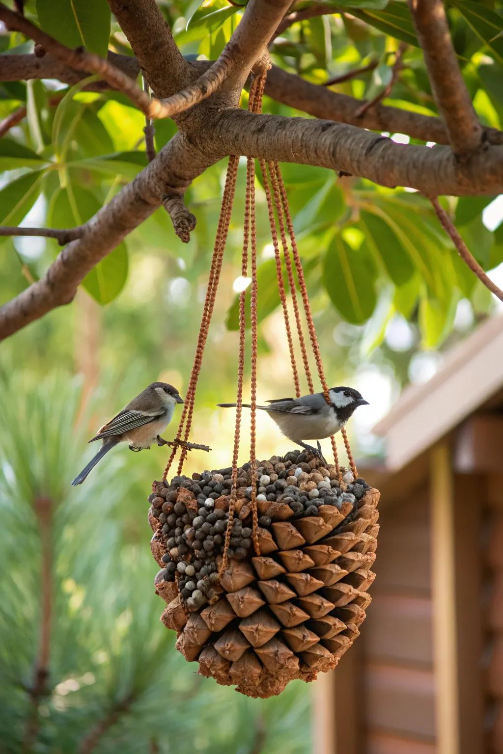 Create a natural bird feeder with pine cones.