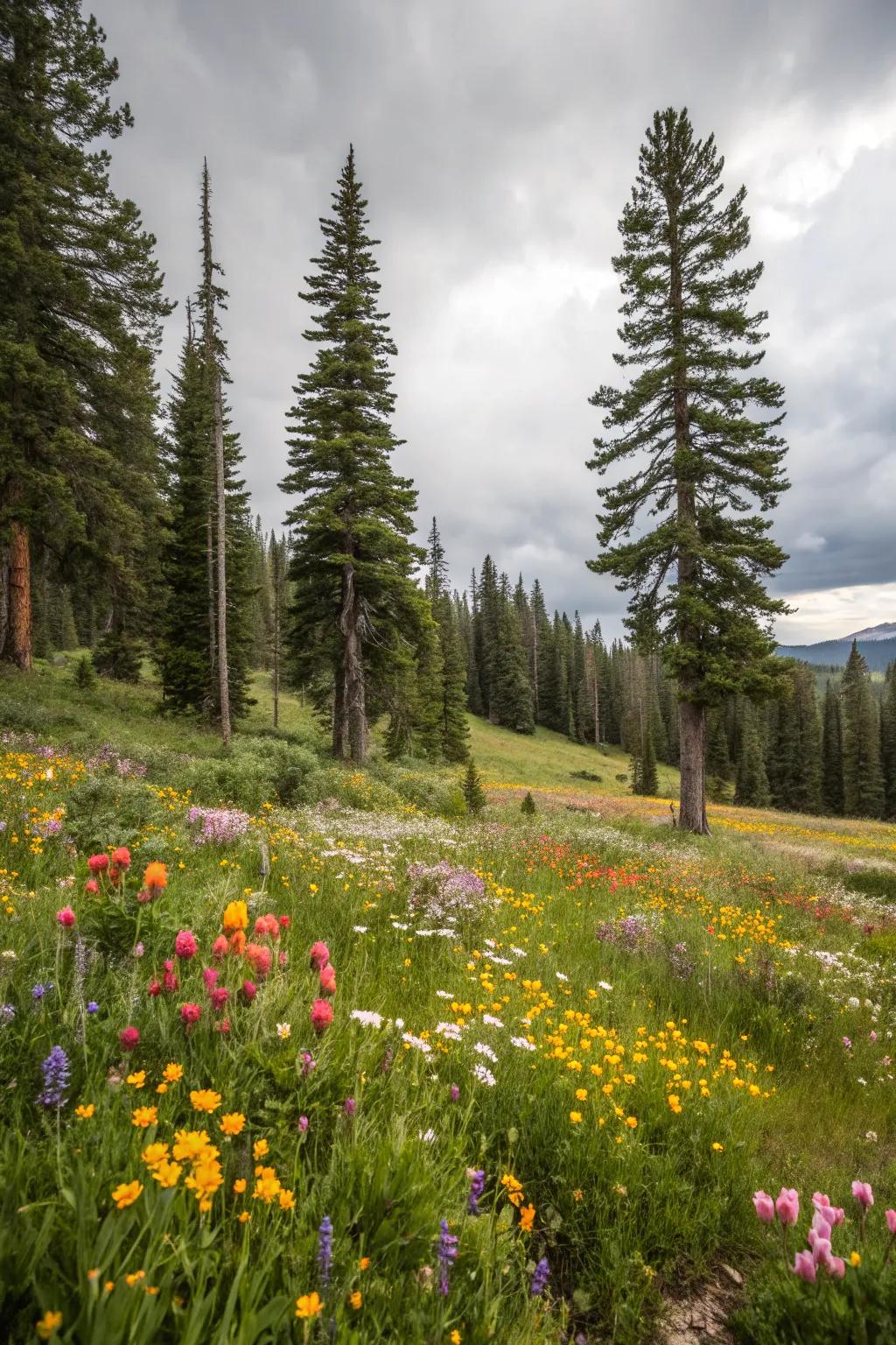 A vibrant wildflower meadow adds color to the forest garden.