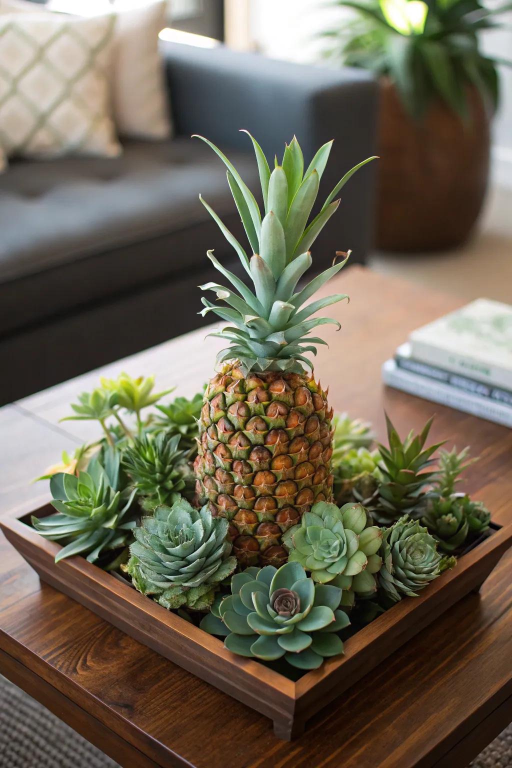 Pineapples and succulents combine for a unique and lasting centerpiece.